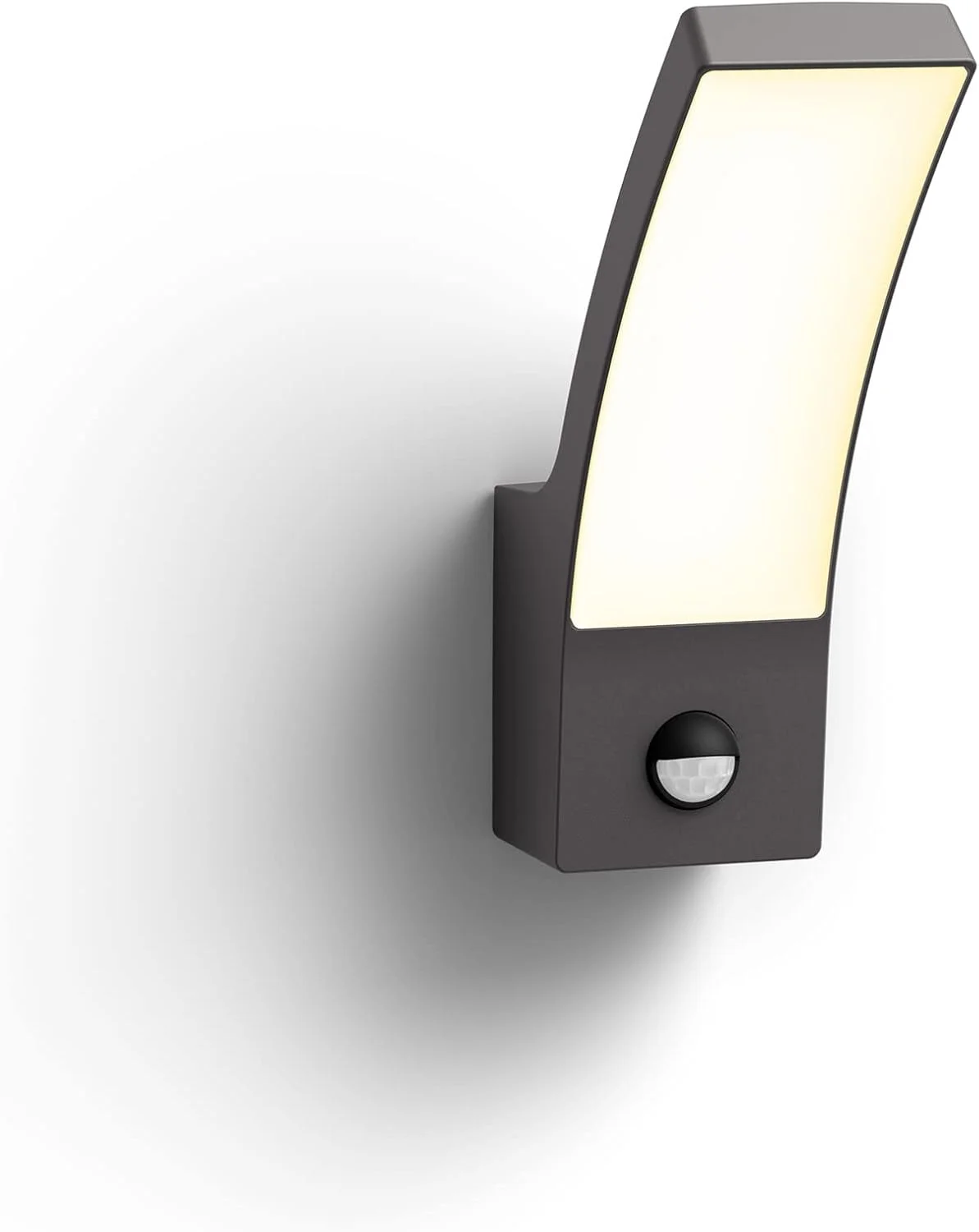 چراغ دیواری LED فیلیپس مدل Splay مناسب فضای باز به همراه سنسور حرکتی [سفید گرم - خاکستری آنتراسیت] مقاوم در برابر آب IP44، برای روشنایی باغ، پاسیو و تراس.