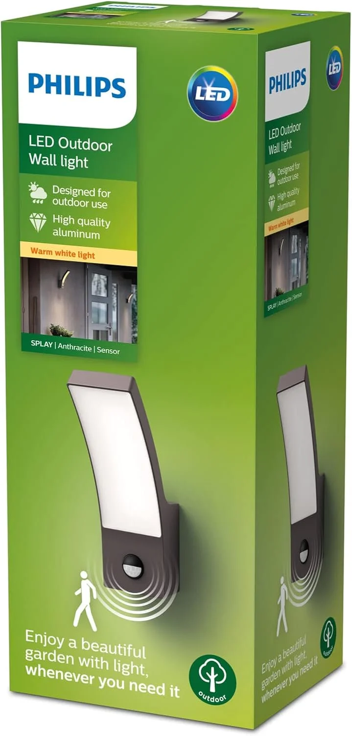 چراغ دیواری LED فیلیپس مدل Splay مناسب فضای باز به همراه سنسور حرکتی [سفید گرم - خاکستری آنتراسیت] مقاوم در برابر آب IP44، برای روشنایی باغ، پاسیو و تراس.