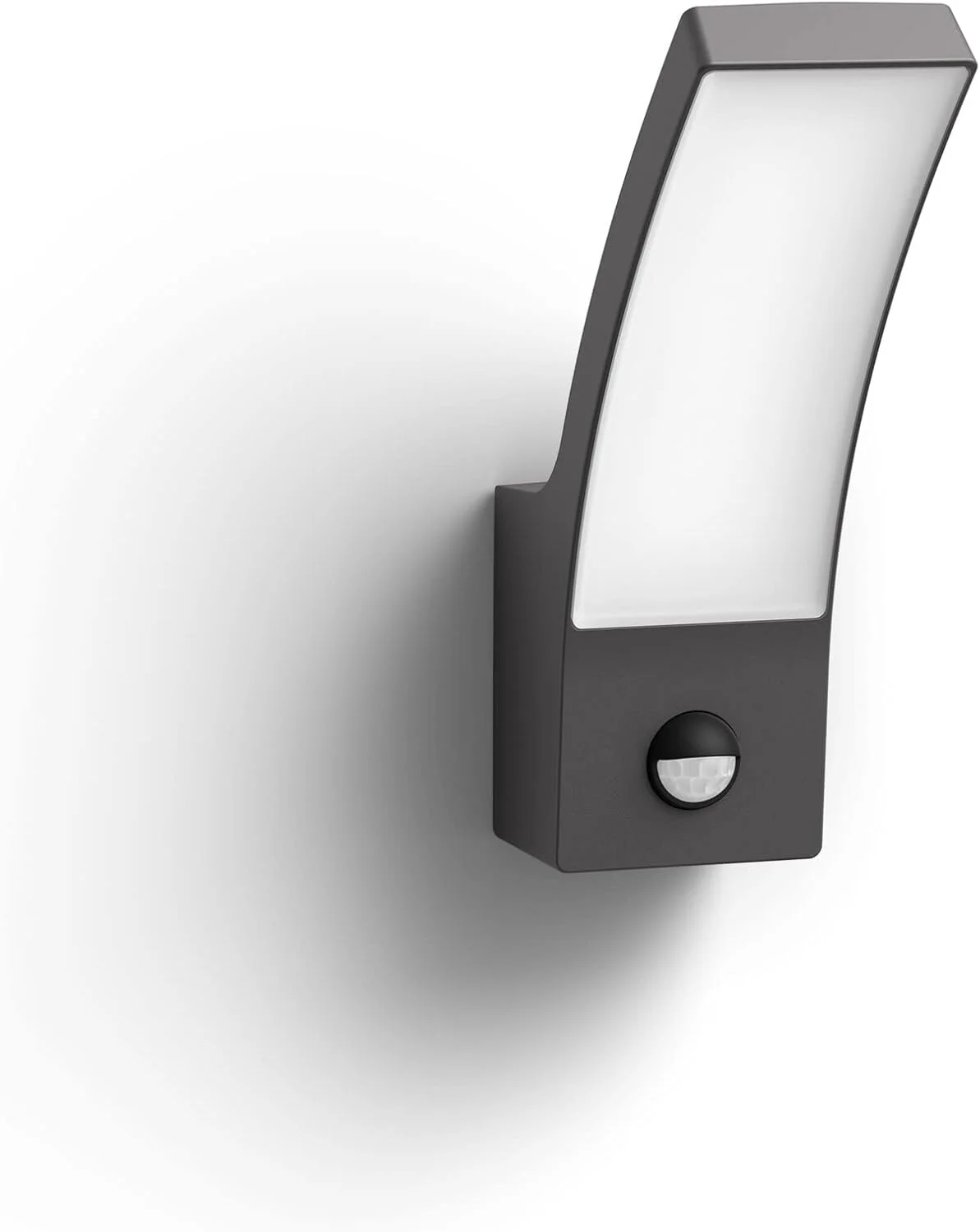 چراغ دیواری LED فیلیپس مدل Splay مناسب فضای باز به همراه سنسور حرکتی [سفید گرم - خاکستری آنتراسیت] مقاوم در برابر آب IP44، برای روشنایی باغ، پاسیو و تراس.