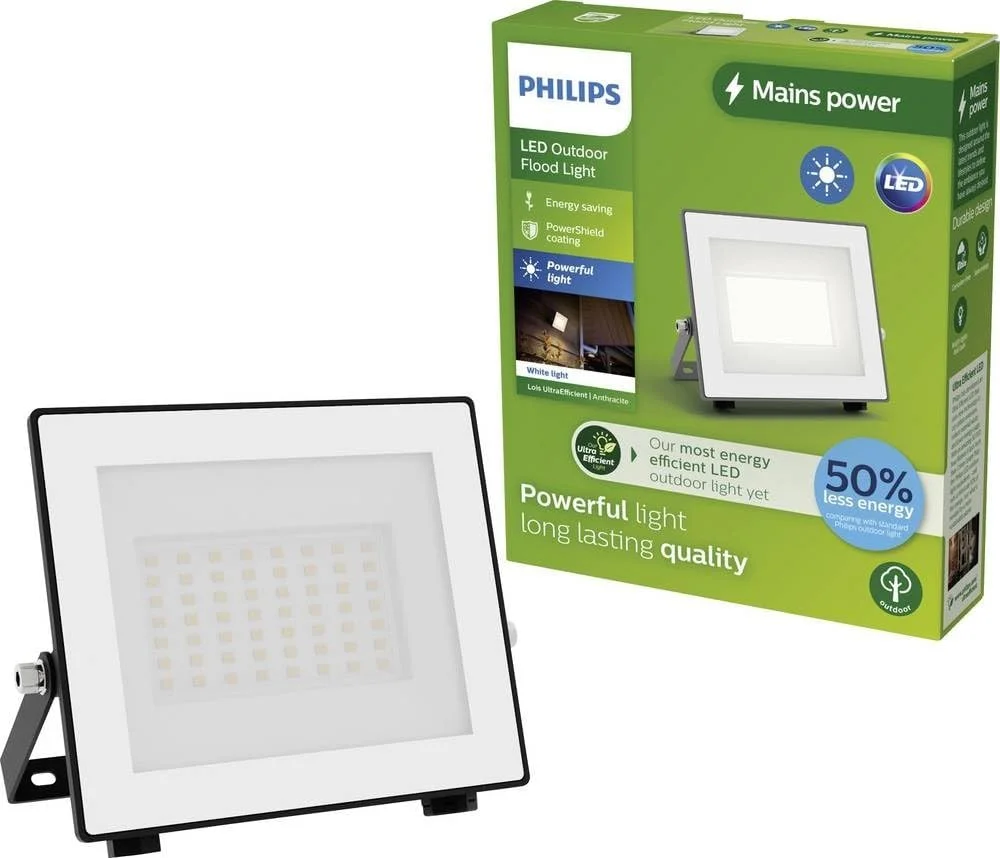 چراغ پروژکتور فوق العاده کارآمد فضای باز فیلیپس مدل Lois، بدون سنسور حرکتی، 14 وات، نور سفید 3000 کلوین، آنتراسیت