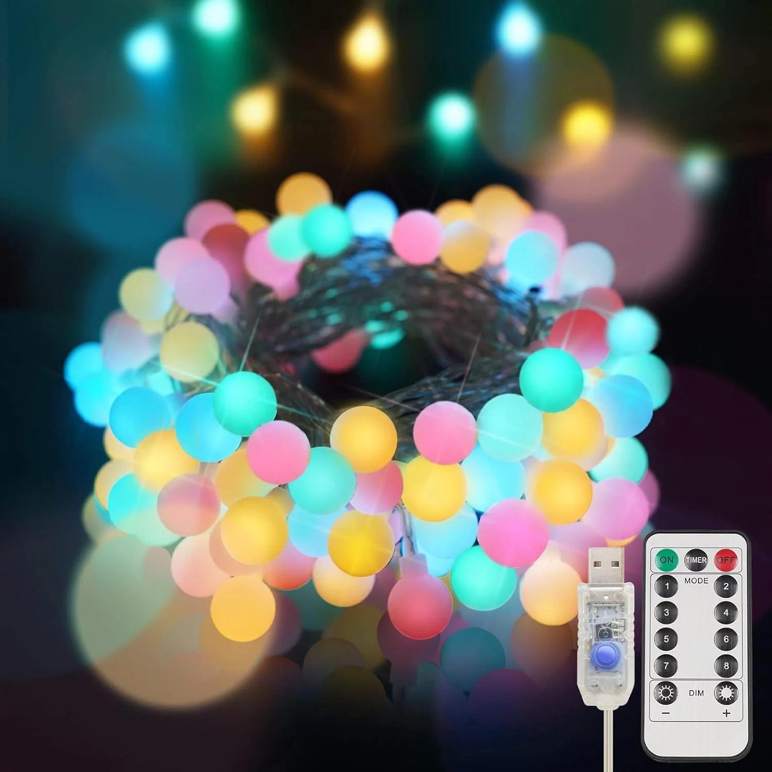 چراغ های رشته ای کروی رنگارنگ KASTWAVE، ضد آب مناسب فضای باز، 40 LED با ریموت، USB برای حیاط خلوت، پاسیو، باغ، مهمانی، اتاق خواب، کلاس درس (6 لامپ رنگارنگ)