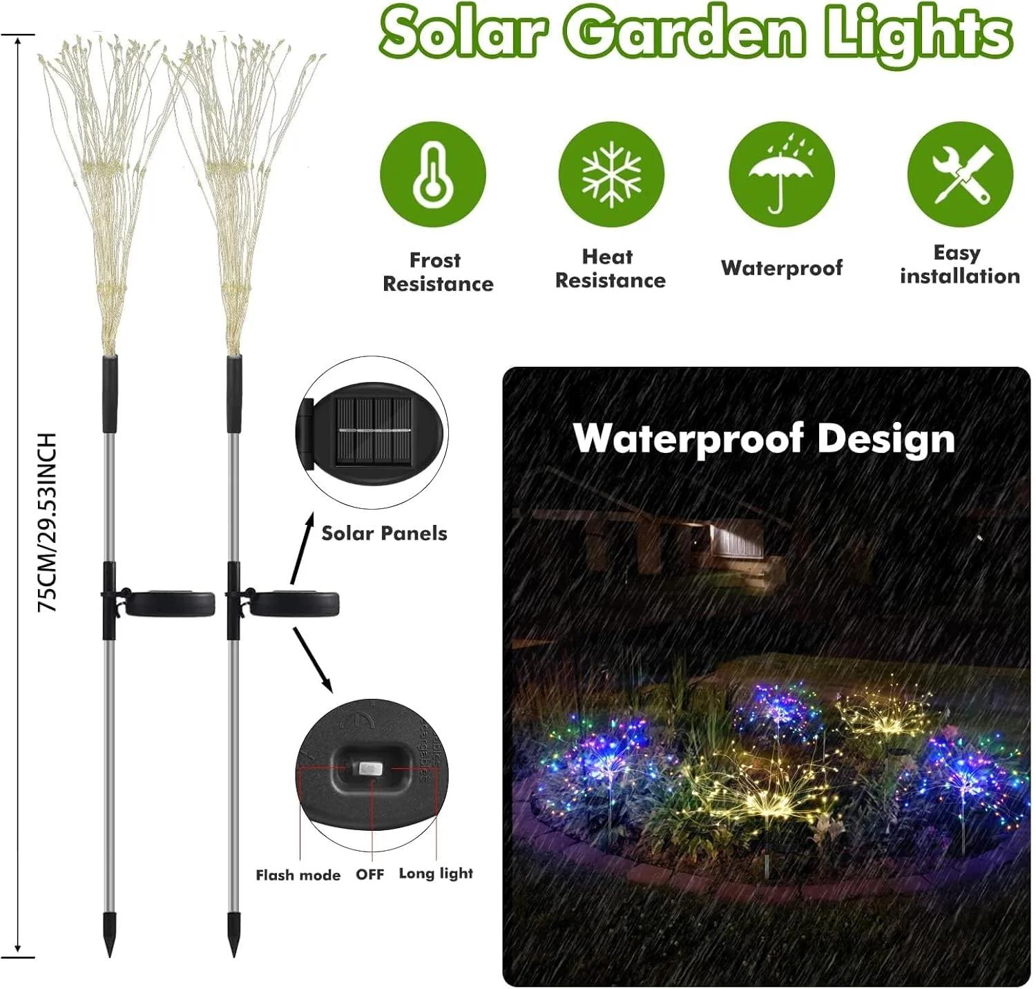 چراغ‌های خورشیدی باغ، 90LED ضد آب ستاره‌ای با 2 حالت چشمک‌زن، آتش‌بازی با 50 رشته سیم مسی، چراغ‌های تزئینی DIY برای پاسیو، حیاط، باغ، باغچه، رنگارنگ