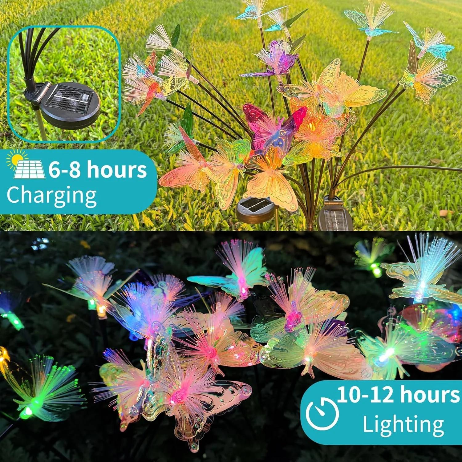 چراغ های باغی خورشیدی پروانه ای 2 عددی با جلوه تاب خوردن - نورپردازی تزئینی ضد آب ارتقا یافته در فضای باز برای پاسیو، حیاط، ایوان جلو و فضای پشتی حیاط