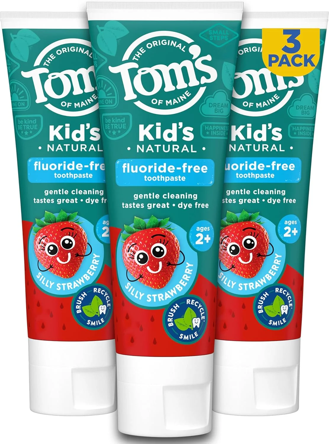 خمیر دندان بدون فلوراید کودکان Tom's of Maine، طبیعی، توت فرنگی شیطون، مخصوص کودکان، بدون رنگ، بدون مواد نگهدارنده مصنوعی، 2+ سال، 144 گرم، بسته 3 عددی