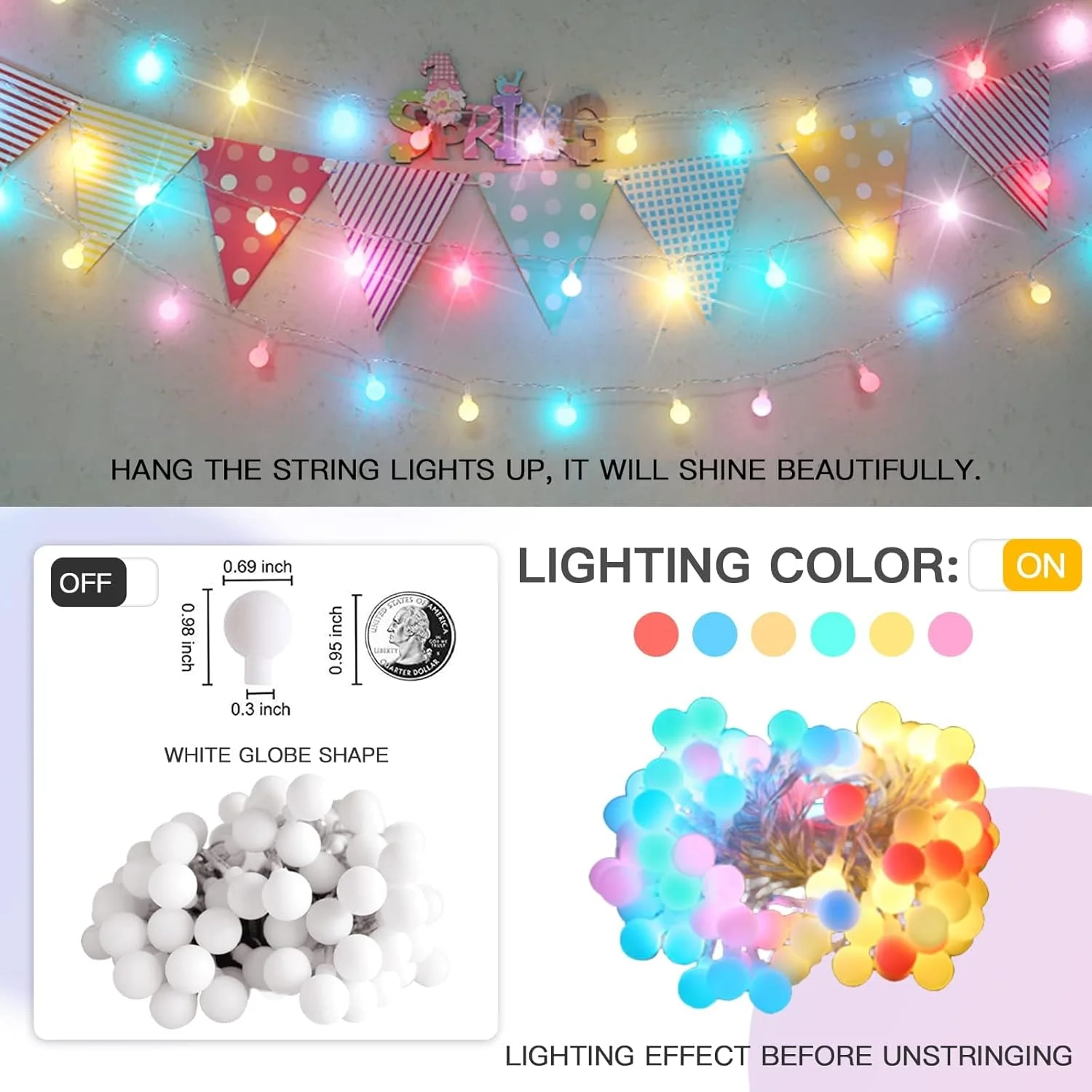 چراغ های رشته ای کروی رنگارنگ KASTWAVE، ضد آب مناسب فضای باز، 40 LED با ریموت کنترل، USB برای حیاط خلوت، پاسیو، باغ، مهمانی، اتاق خواب، کلاس درس (6 لامپ رنگارنگ) چراغ های رشته ای کروی رنگارنگ KASTWAVE، ضد آب مناسب فضای باز، 40 LED با ریموت کنترل، USB برای حیاط خلوت، پاسیو، باغ، مهمانی، اتاق خواب، کلاس درس (6 لامپ رنگارنگ)