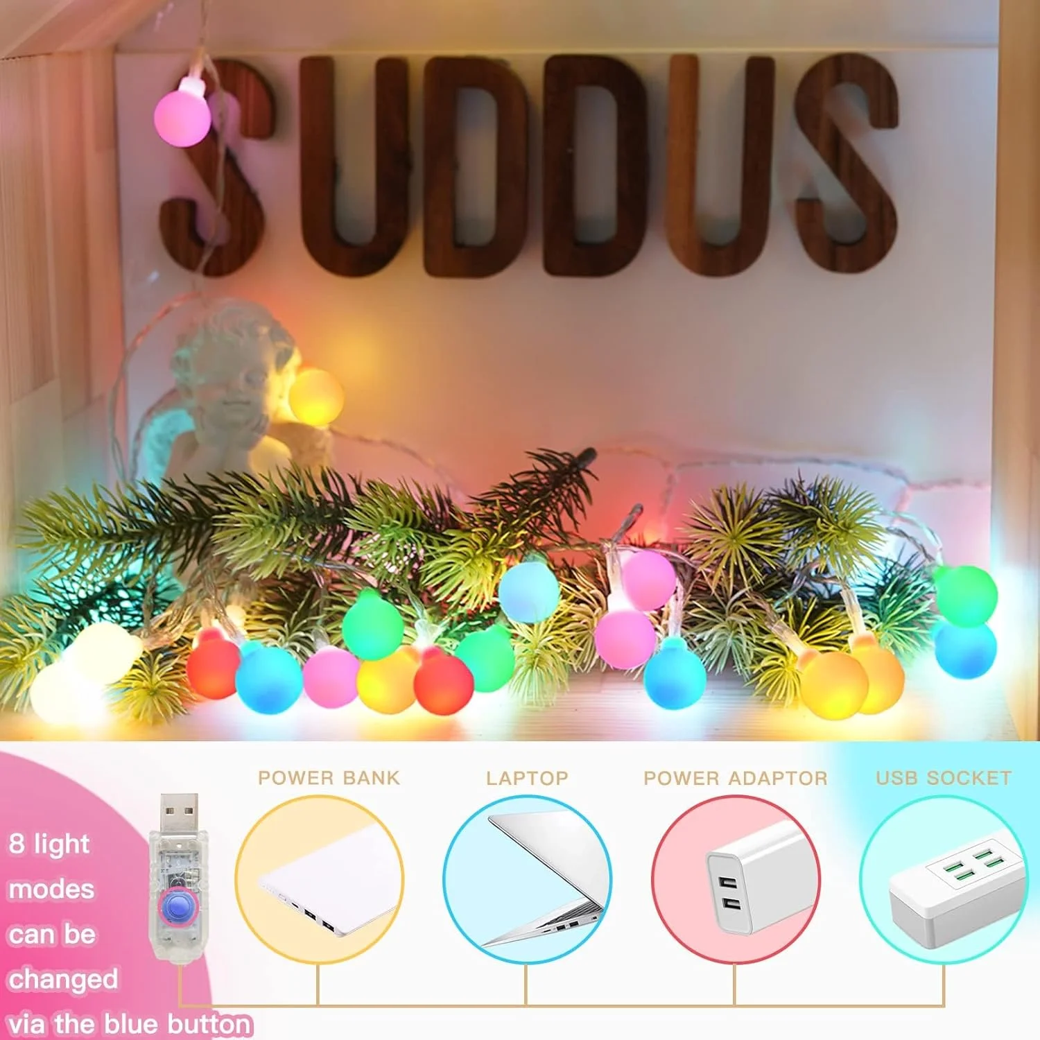 چراغ های رشته ای کروی رنگارنگ KASTWAVE، ضد آب مناسب فضای باز، 40 LED با ریموت کنترل، USB برای حیاط خلوت، پاسیو، باغ، مهمانی، اتاق خواب، کلاس درس (6 لامپ رنگارنگ) چراغ های رشته ای کروی رنگارنگ KASTWAVE، ضد آب مناسب فضای باز، 40 LED با ریموت کنترل، USB برای حیاط خلوت، پاسیو، باغ، مهمانی، اتاق خواب، کلاس درس (6 لامپ رنگارنگ)