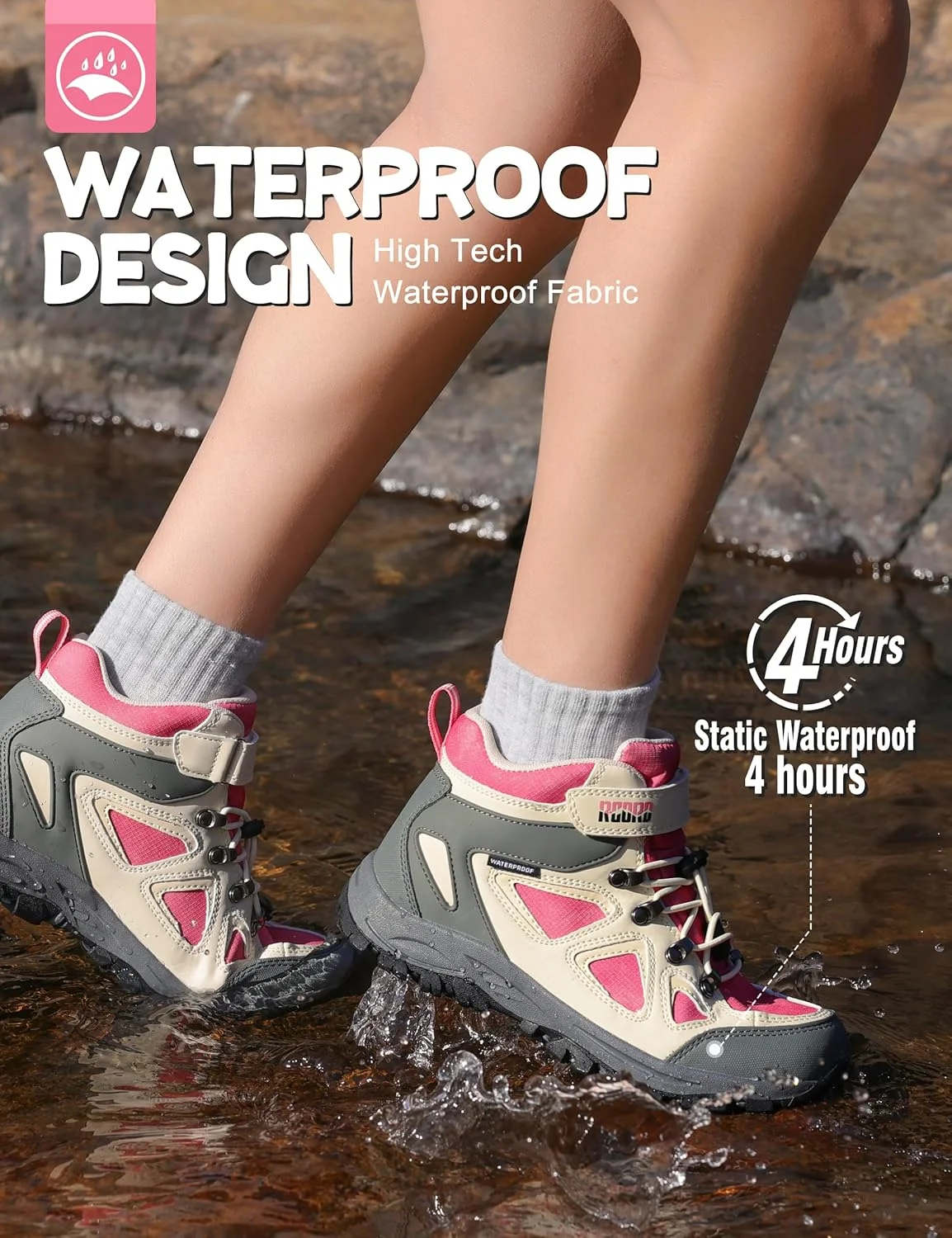 کفش کوهنوردی بچگانه R CORD، بند کشی، ضد آب، بادوام، زیره TPR با اصطکاک بالا، ضد لغزش، مناسب ورزش و فضای باز