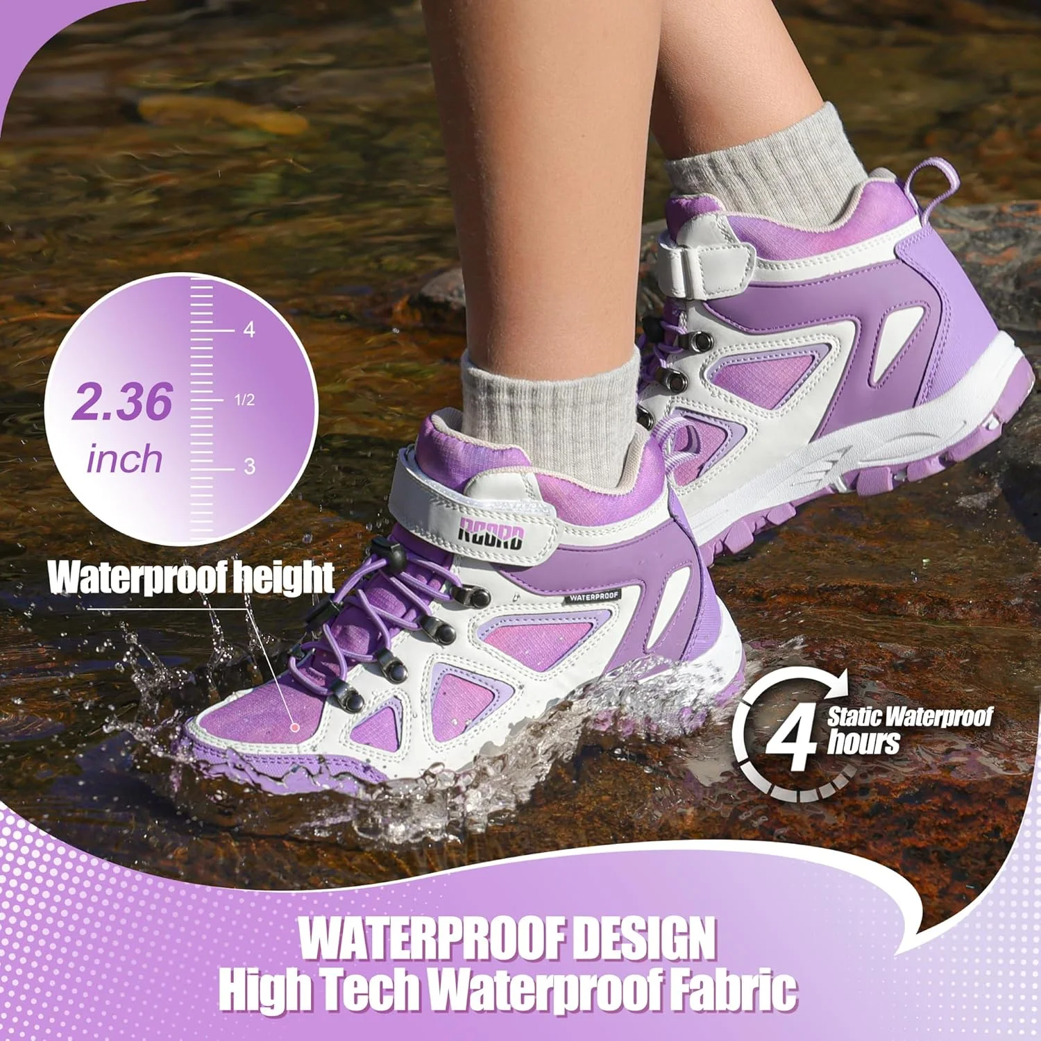 کفش کوهنوردی بچگانه آر کورد، ضد آب، دخترانه و پسرانه، زیره TPR بادوام، ضد لغزش، بند کشی، مناسب فضای باز