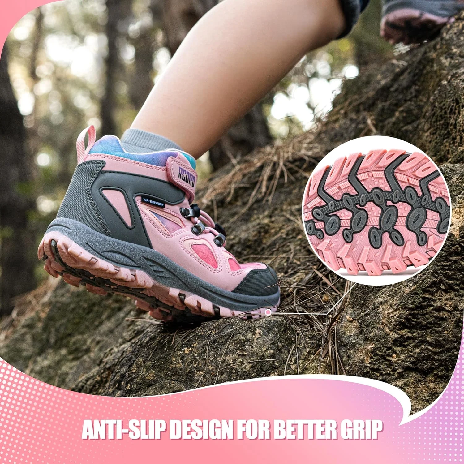 کفش کوهنوردی بچگانه آر کورد، بوت کوهنوردی دخترانه، بوت کوهنوردی فضای باز دخترانه، بستن سریع بند، زیره بادوام TPR