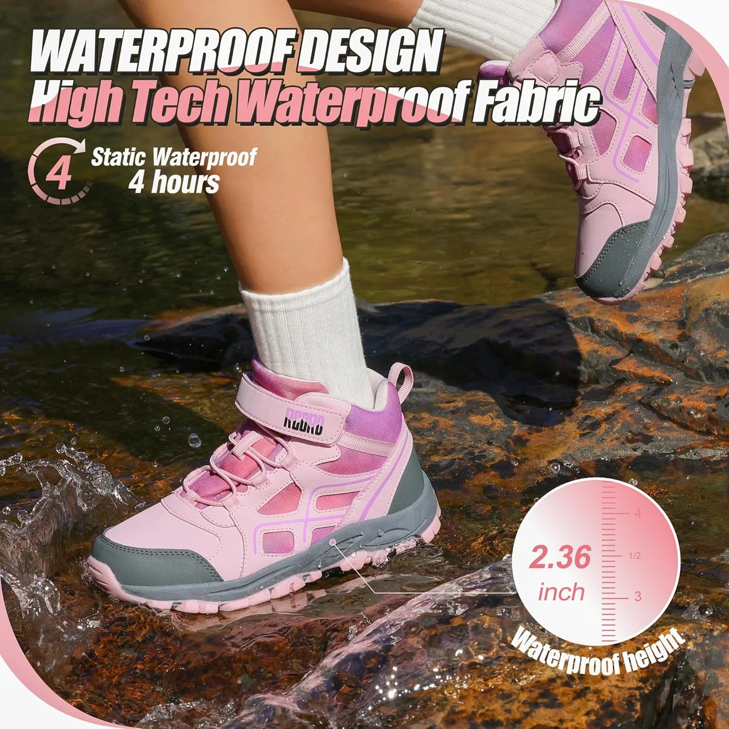 کفش کوهنوردی بچگانه آر کورد ضد آب دخترانه، بوت های کوهنوردی بادوام با زیره TPR، کفش ورزشی ضد لغزش با بست قلاب و حلقه، مناسب برای فضای باز