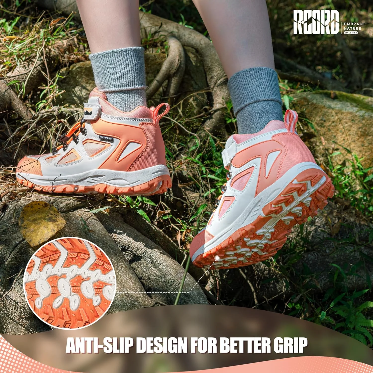 کفش کوهنوردی بچگانه R CORD، ضد آب، دخترانه، زیره بادوام TPR با کشش بالا، ضد لغزش، بند چسبی و کشی، مناسب برای فضای باز