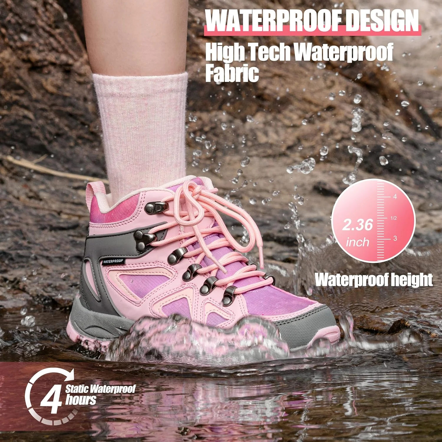 کفش کوهنوردی بچگانه آر کورد ضد آب دخترانه، زیره بادوام TPR با کشش بالا، ضد لغزش، بند دار، مناسب برای ماجراجویی در فضای باز