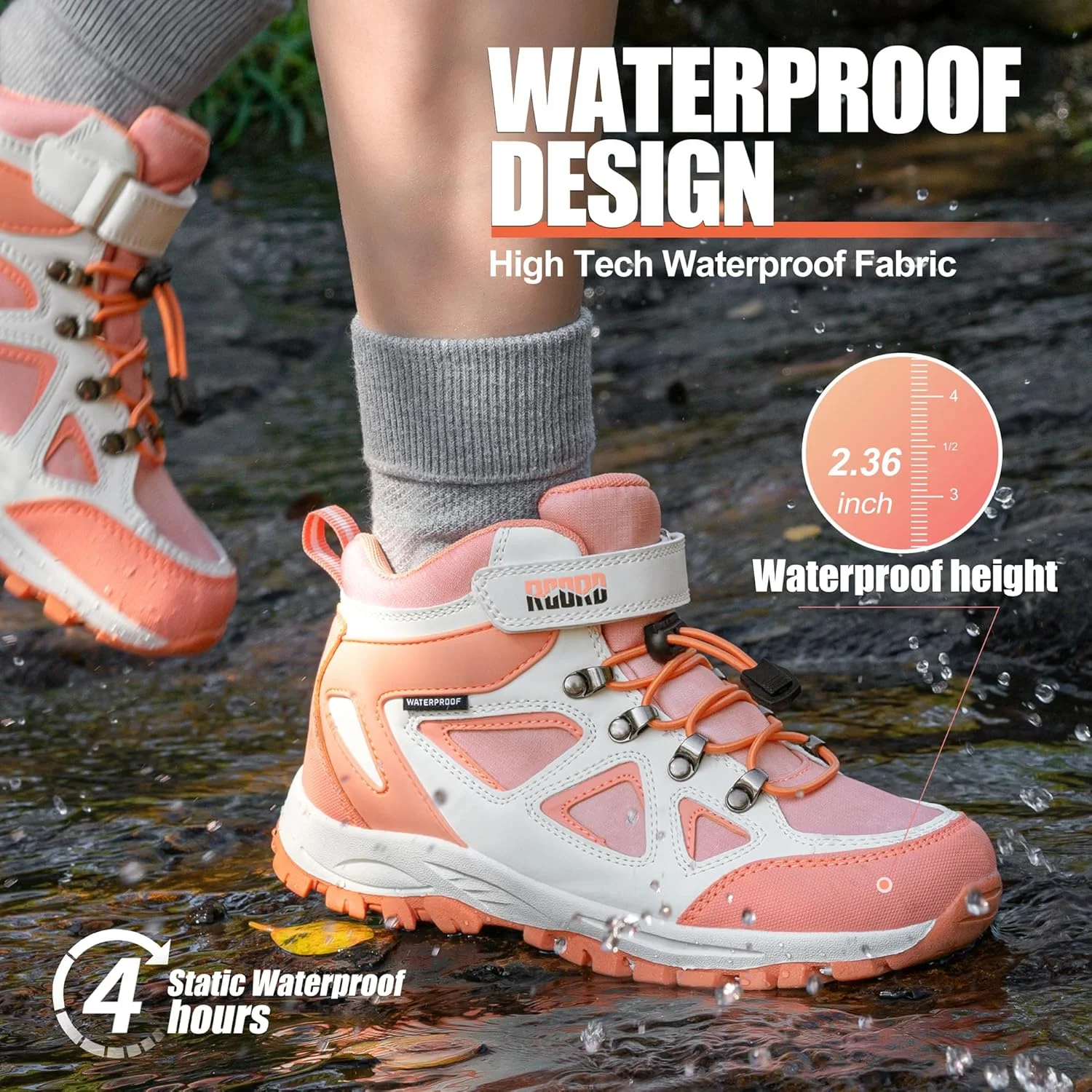 کفش کوهنوردی بچگانه آر کورد، بند کشی، ضد آب، بادوام، زیره TPR با اصطکاک بالا، ضد لغزش، مناسب فعالیت های ورزشی و فضای باز