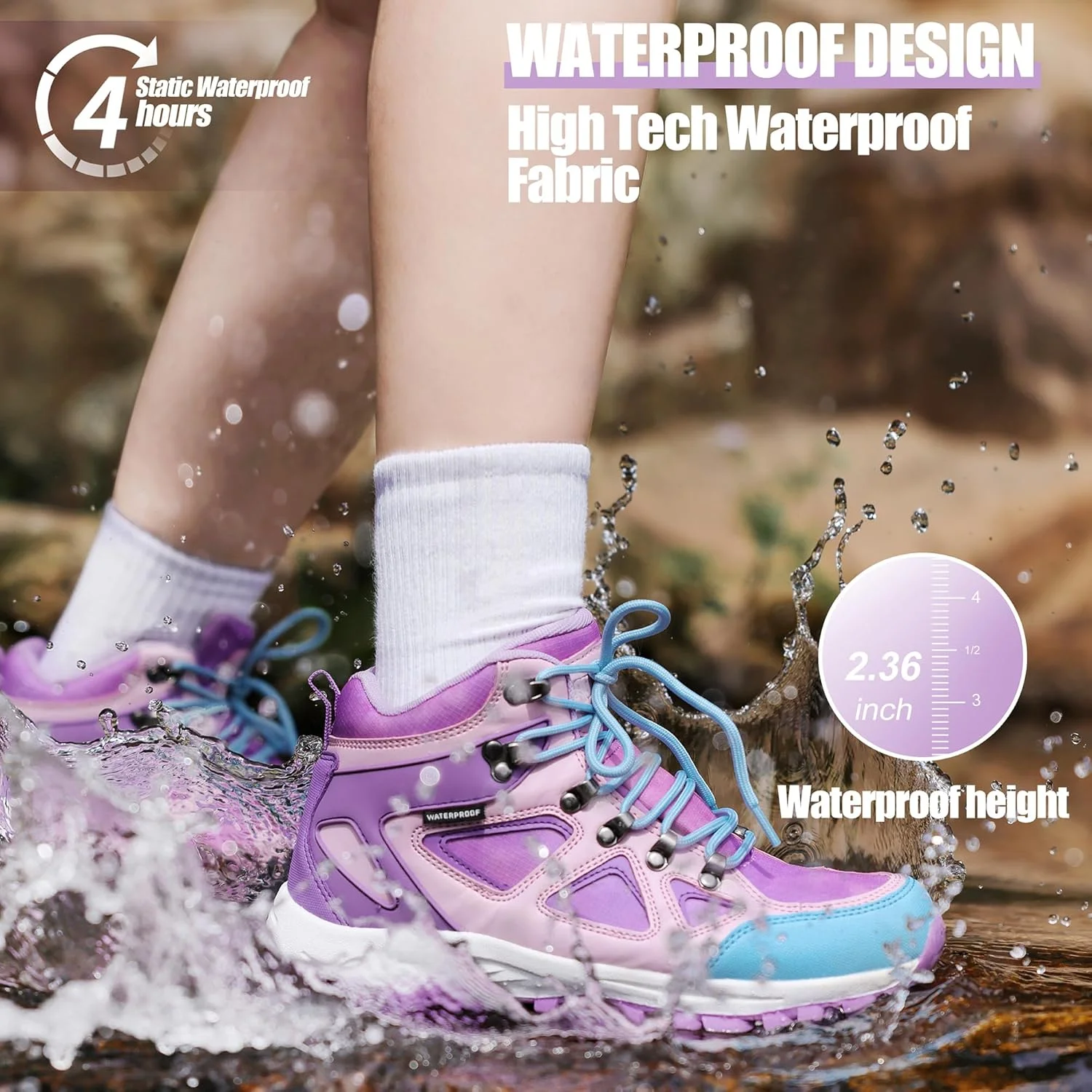 کفش کوهنوردی ضد آب دخترانه R CORD، زیره TPR بادوام با کشش بالا، ضد لغزش، بند دار، مناسب برای ماجراجویی در فضای باز