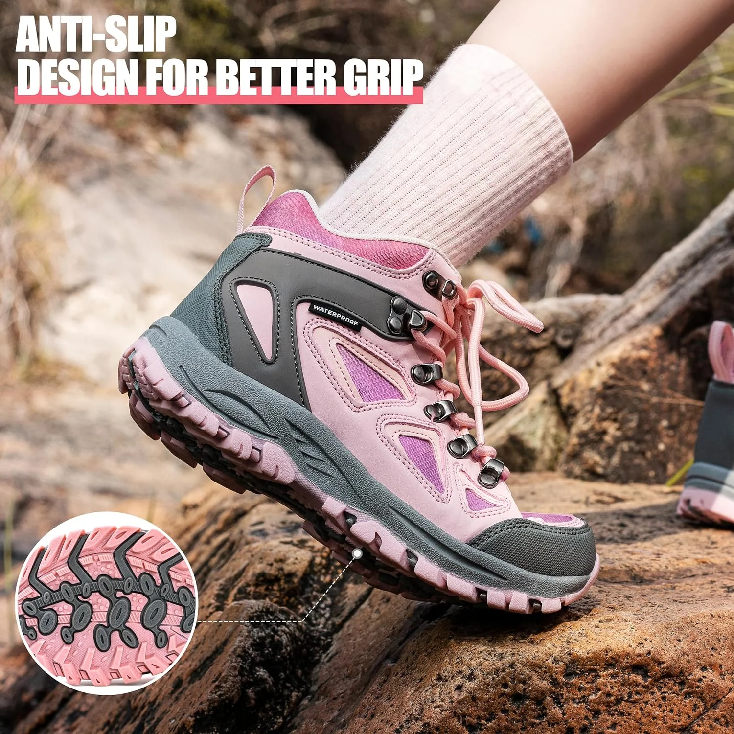 کفش کوهنوردی بچگانه آر کورد ضد آب دخترانه، زیره بادوام TPR با کشش بالا، ضد لغزش، بند دار، مناسب برای ماجراجویی در فضای باز