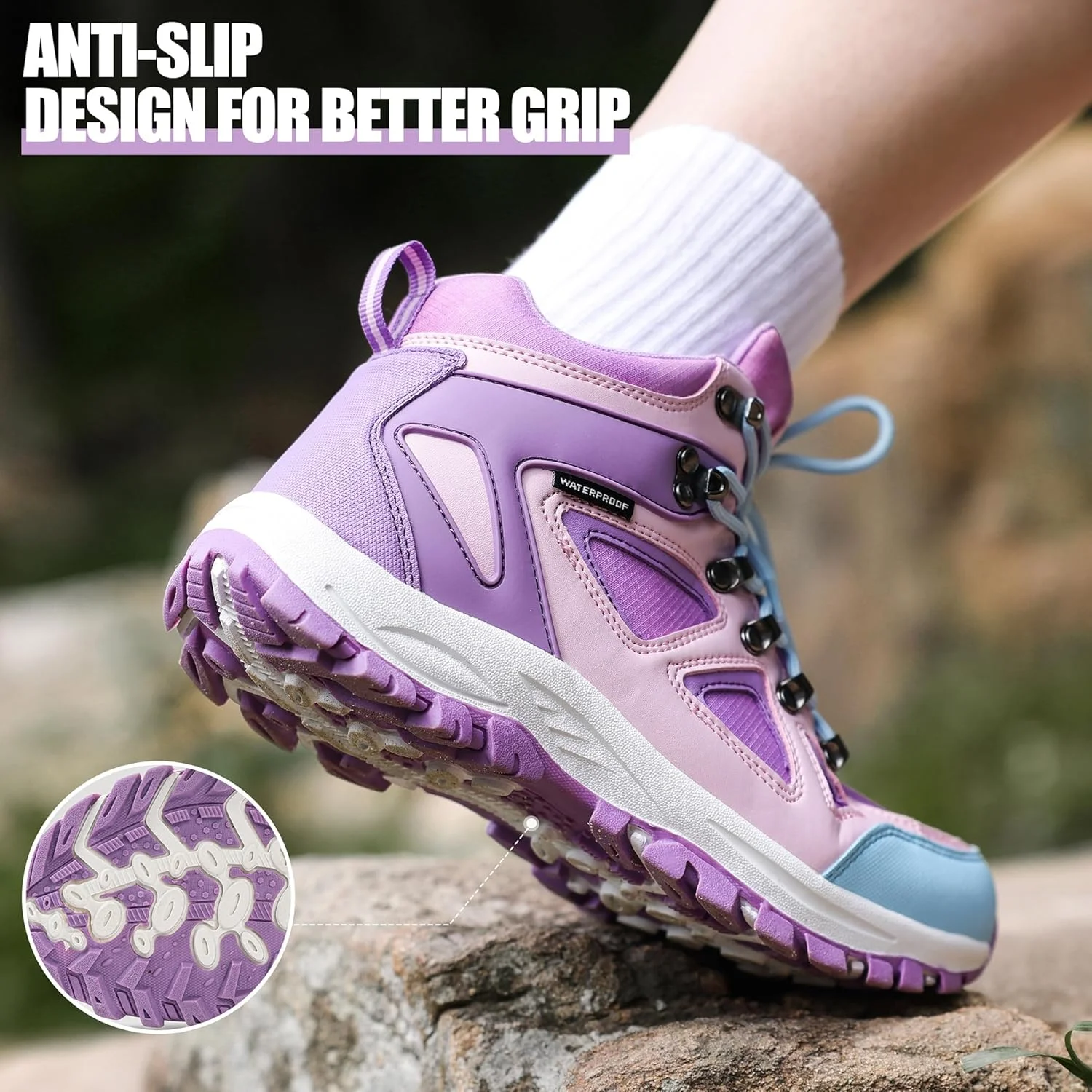 کفش کوهنوردی ضد آب دخترانه R CORD، زیره TPR بادوام با کشش بالا، ضد لغزش، بند دار، مناسب برای ماجراجویی در فضای باز