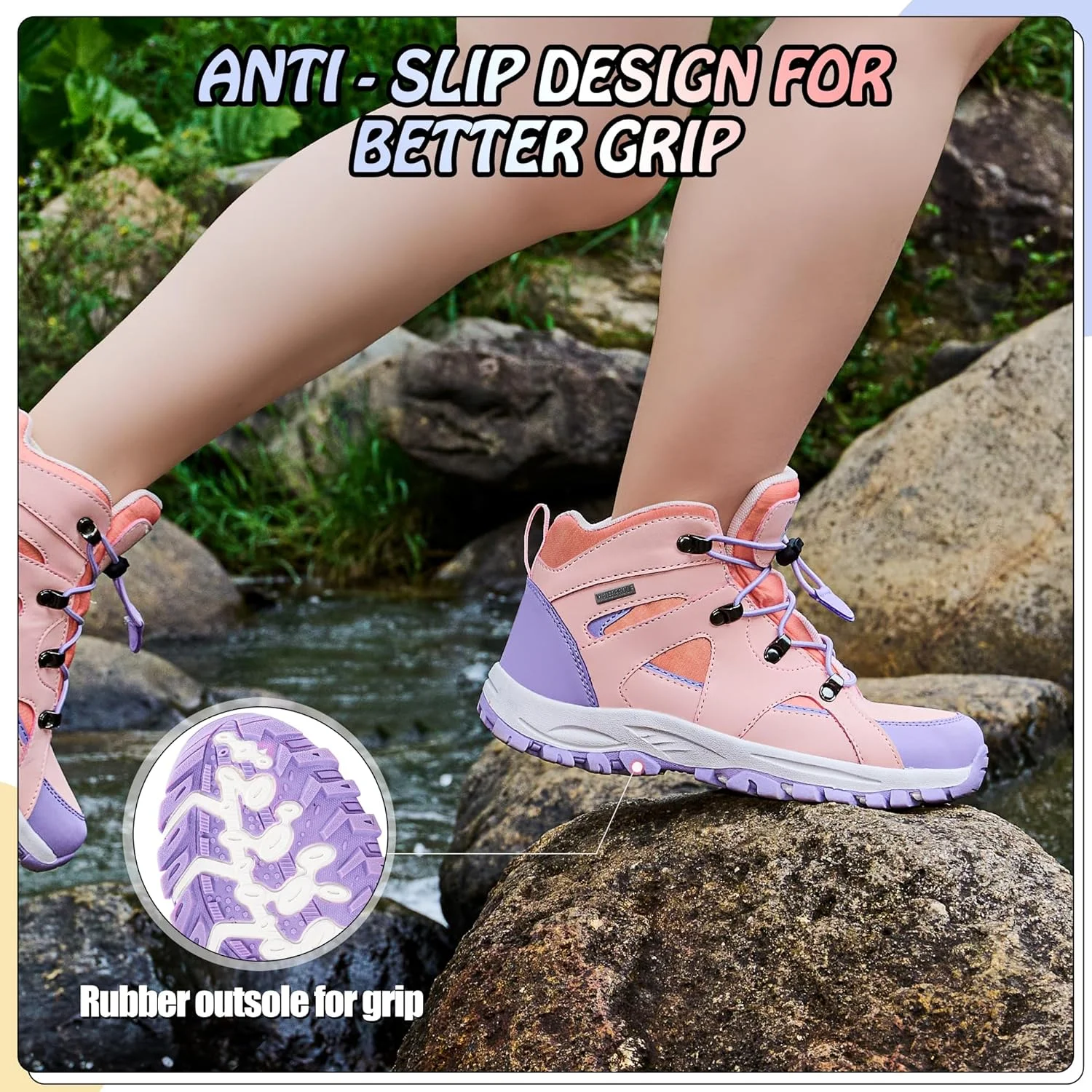 کفش کوهنوردی بچگانه آر کورد، ضد آب، دخترانه، زیره بادوام TPR با کشش بالا، ضد لغزش، بند کشی