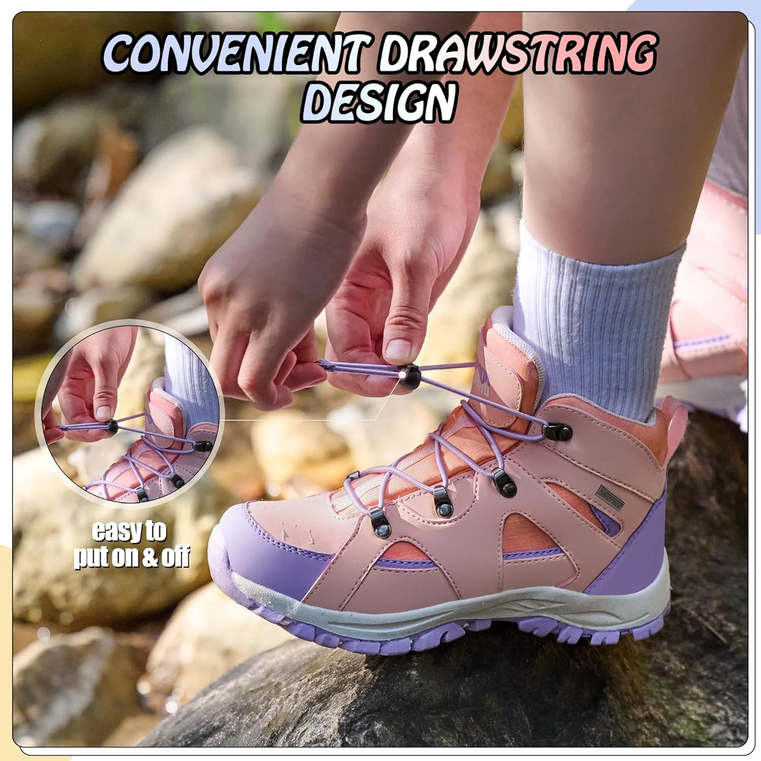 کفش کوهنوردی بچگانه آر کورد، ضد آب، دخترانه، زیره بادوام TPR با کشش بالا، ضد لغزش، بند کشی