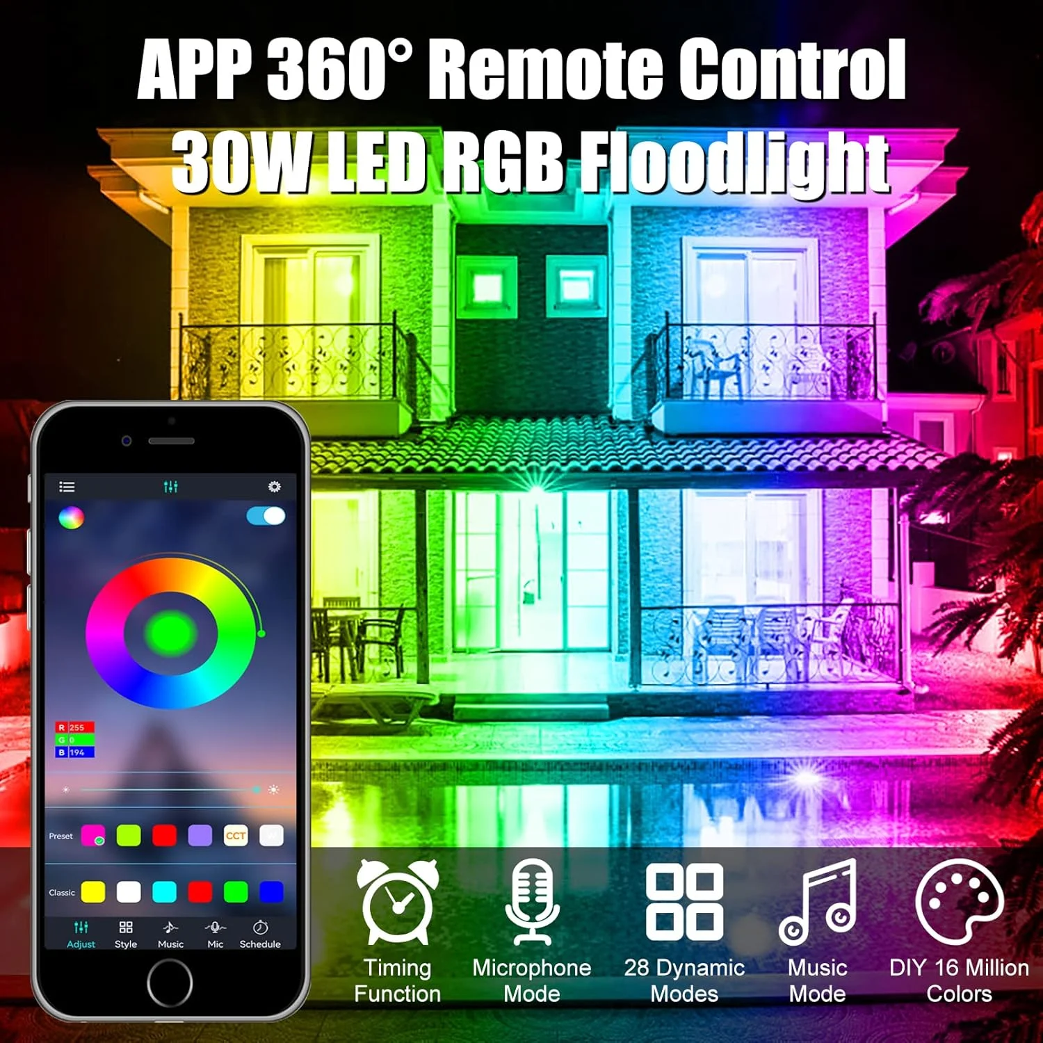 پروژکتور RGB 30 وات CREATESTAR، 16 میلیون رنگ، 28 حالت نورپردازی، قابل تنظیم، چراغ LED بیرونی با کنترل از راه دور و برنامه، ضد آب IP66 برای باغ، بار، مهمانی پروژکتور RGB 30 وات CREATESTAR، 16 میلیون رنگ، 28 حالت نورپردازی، قابل تنظیم، چراغ LED بیرونی با کنترل از راه دور و برنامه، ضد آب IP66 برای باغ، بار، مهمانی
