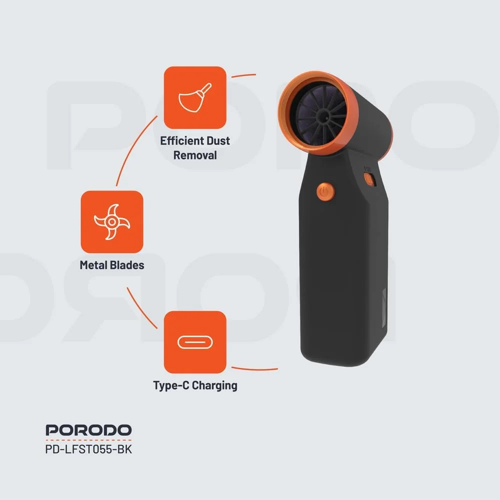 دمنده توربو 100K RPM Porodo Lifestyle، گردگیر و فن هوا، باد قدرتمند 16 متر بر ثانیه، 3 سطح سرعت، اتصال نازل هوا، 40 دقیقه زمان کار، باتری 1500mAh، شارژ Type-C، تیغه فلزی - مشکی دمنده توربو 100K RPM Porodo Lifestyle، گردگیر و فن هوا، باد قدرتمند 16 متر بر ثانیه، 3 سطح سرعت، اتصال نازل هوا، 40 دقیقه زمان کار، باتری 1500mAh، شارژ Type-C، تیغه فلزی - مشکی