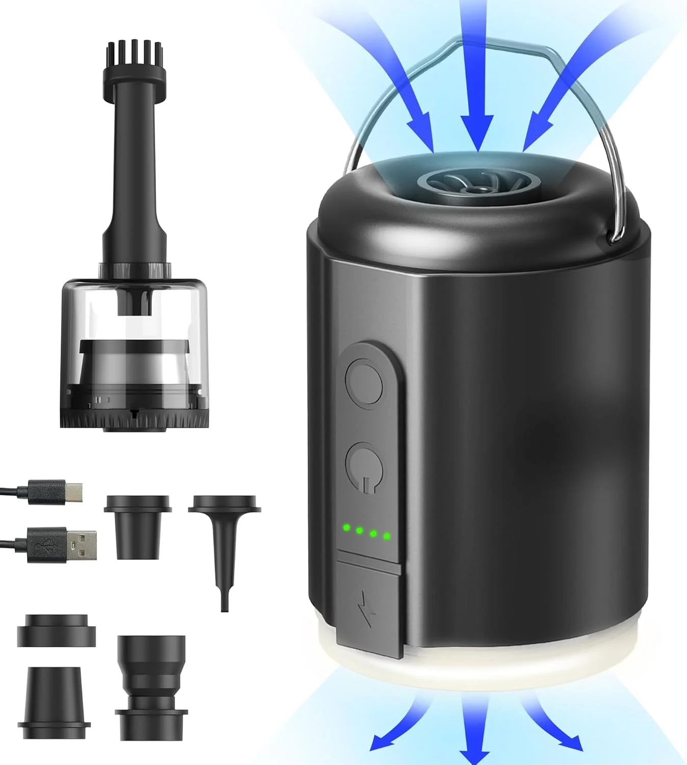 پمپ باد برقی اوریجم، پمپ باد کوچک قابل حمل 5.2 کیلو پاسکال، دارای باتری قابل شارژ، با قابلیت باد کردن و تخلیه باد به همراه چراغ کمپینگ، مناسب برای شناورهای استخر، قایق ها، زیراندازهای خواب، و اسباب بازی های بادی