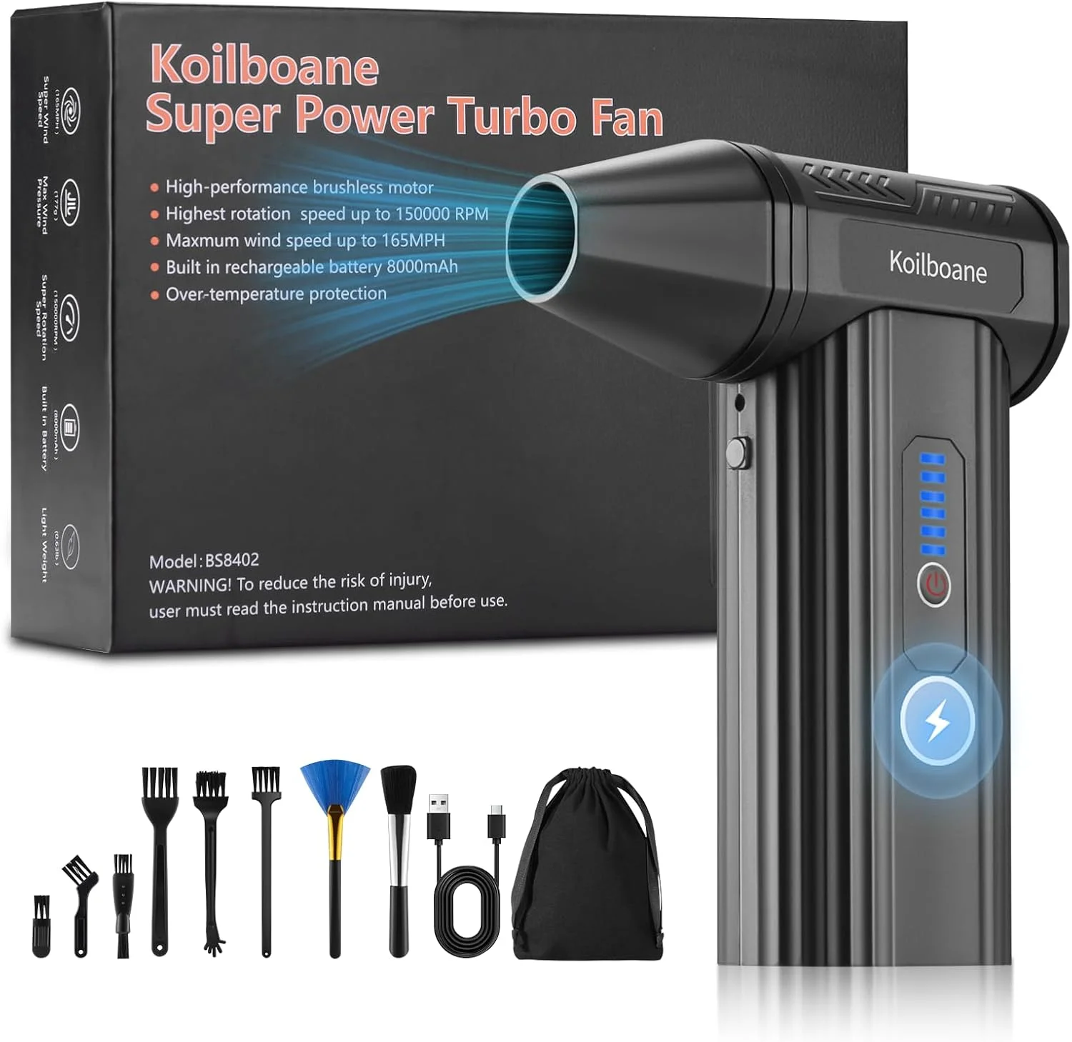 دمنده هوای فشرده Koilboane با موتور براشلس، دمنده هوای برقی کوچک، قدرتمند، شارژی و بدون سیم با باتری 8000 میلی آمپر ساعتی، جت خشک قابل حمل، فن توربو جت، دمنده گرد و غبار و برف برای تمیز کردن خودرو/کیبورد/کامپیوتر/خانه دمنده هوای فشرده Koilboane با موتور براشلس، دمنده هوای برقی کوچک، قدرتمند، شارژی و بدون سیم با باتری 8000 میلی آمپر ساعتی، جت خشک قابل حمل، فن توربو جت، دمنده گرد و غبار و برف برای تمیز کردن خودرو/کیبورد/کامپیوتر/خانه