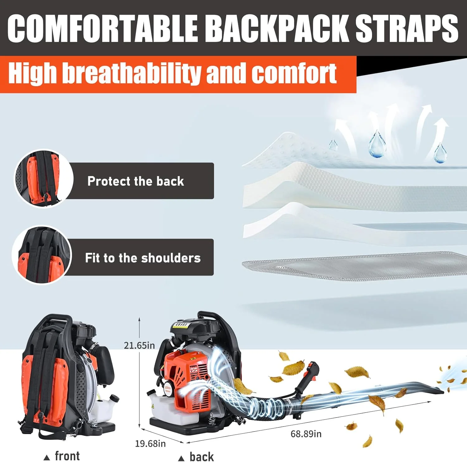 دمنده برگ پشتی بنزینی LIZRHA 65CC، 2 زمانه، 3.8 اسب بخار، خنک کننده هوا، بنزینی، بی سیم، سبک وزن، مناسب برای مراقبت از چمن، حیاط، برف، برگ ها، نگهداری چمن و دمیدن با قدرت 884CFM