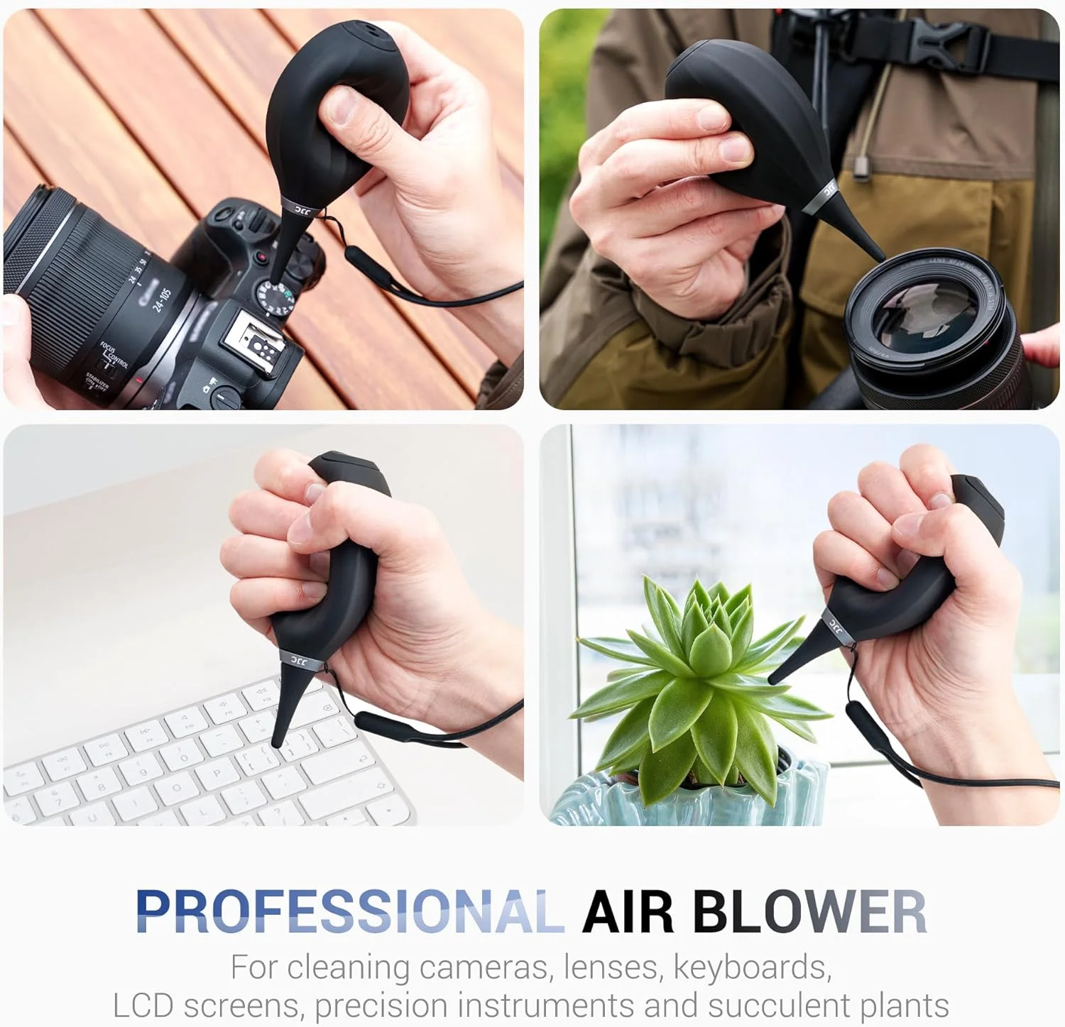 دمنده هوا سیلیکونی نرم JJC با بند گردنی، پمپ دمنده هوا برای تمیز کردن گرد و غبار سنسور دوربین DSLR، لنزها، فیلترها، مانیتورها، صفحه نمایش LCD، کیبوردها، تلویزیون ها و عینک ها