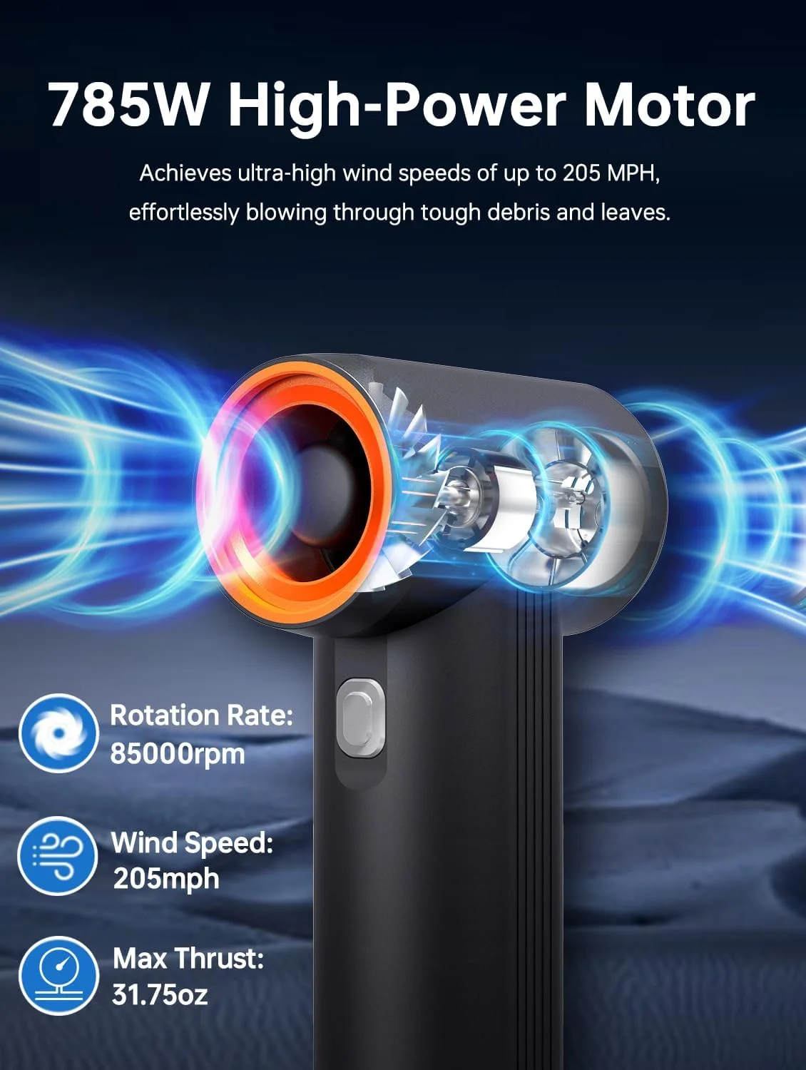 دمنده هوای خشک کن خودرو KiCA - حداکثر توان 785 وات و سرعت باد 205 مایل در ساعت، شارژ سریع 54 وات، 6 باتری 4000 میلی آمپر ساعتی، خشک کن توربو قدرتمند برای خشک کردن خودرو، مراقبت از چمن و نظافت پاسیو - جت فن MAX