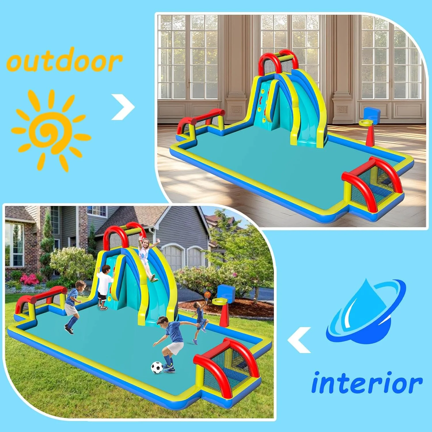 سرسره آبی بادی با دروازه دوتایی فوتبال، استخر بزرگ، حلقه بسکتبال، دیوار صخره نوردی، دمنده هوا، سرسره بادی کودکانه برای تفریح مهمانی سرسره آبی بادی با دروازه دوتایی فوتبال، استخر بزرگ، حلقه بسکتبال، دیوار صخره نوردی، دمنده هوا، سرسره بادی کودکانه برای تفریح مهمانی