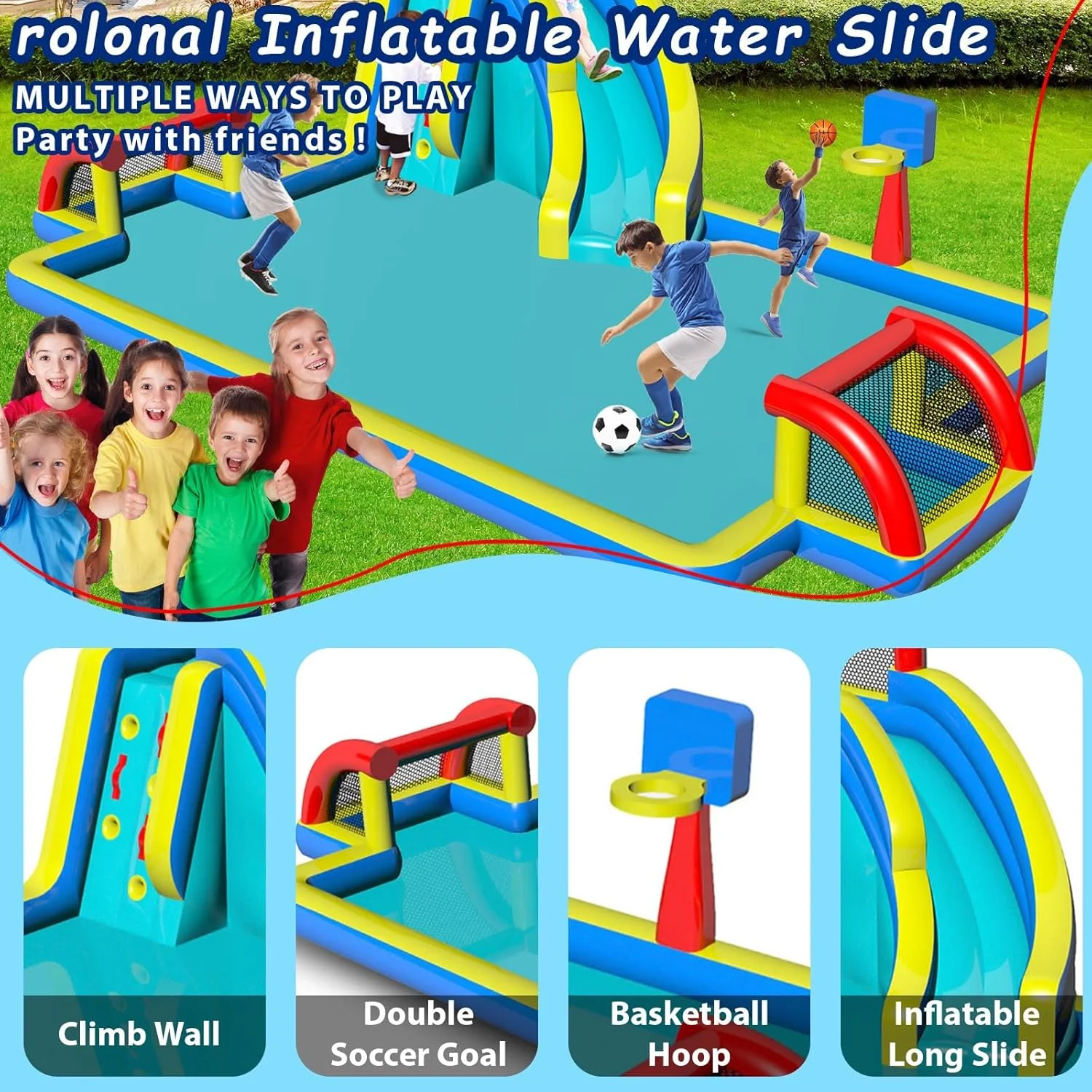 سرسره آبی بادی با دروازه دوتایی فوتبال، استخر بزرگ، حلقه بسکتبال، دیوار صخره نوردی، دمنده هوا، سرسره بادی کودکانه برای تفریح مهمانی سرسره آبی بادی با دروازه دوتایی فوتبال، استخر بزرگ، حلقه بسکتبال، دیوار صخره نوردی، دمنده هوا، سرسره بادی کودکانه برای تفریح مهمانی