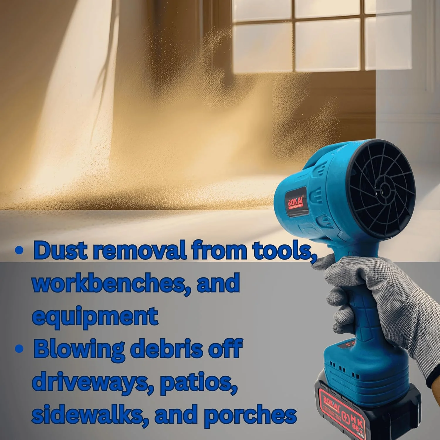 دمنده هوای دستی بونای 88 ولت، طراحی سبک وزن و بی سیم با سرعت دوگانه و 2 باتری، برای برگ ها، گاراژها و پروژه های DIY، مدل BN-HK59
