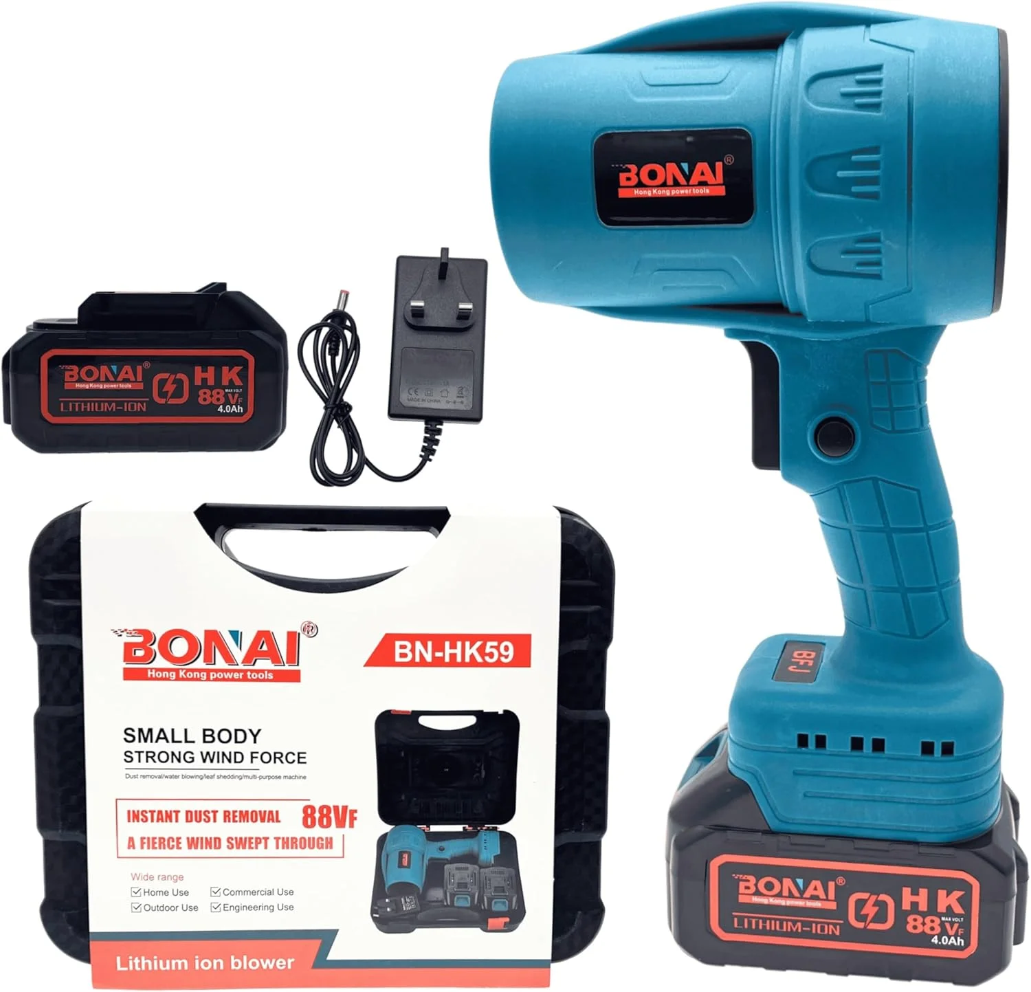 دمنده خشک کن جت Bonai 88VF، دمنده برگ بدون سیم با 2 باتری و شارژر، دمنده هوای برقی دو سرعته برای گرد و غبار، برگ ها، خشک کردن خودرو، نظافت فضای باز و گاراژ، دمنده هوای توربو - BN-HK59