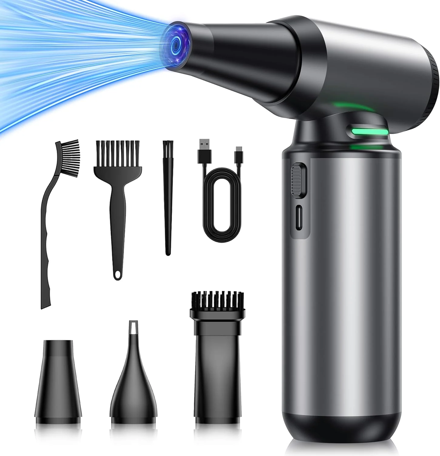 گردگیر هوای فشرده، گردگیر هوای برقی 180000 دور در دقیقه 7500 میلی آمپر ساعتی با موتور براشلس، مینی دمنده 12 سرعته، جایگزین هوای کنسرو شده، دمنده خشک جت برای کامپیوتر، کیبورد، ماشین، خانه، نظافت فضای باز