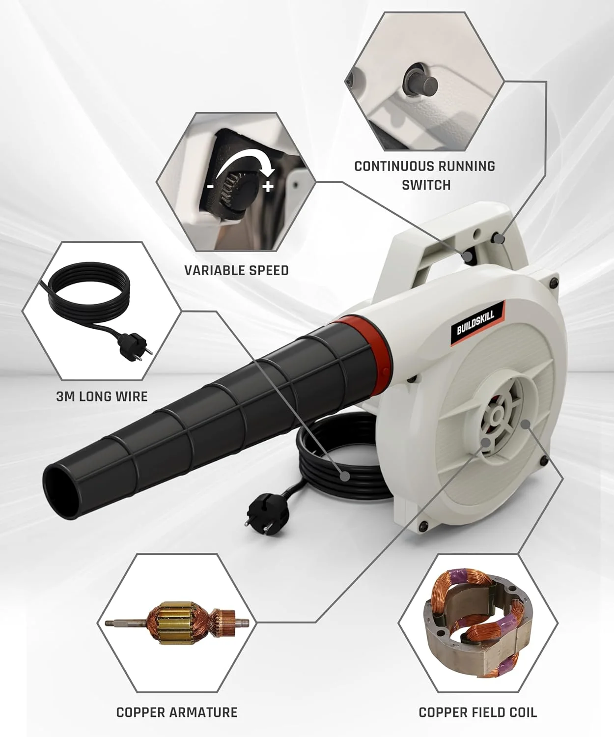 دمنده هوا 620 وات BUILDSKILL - پاک کننده گرد و غبار برای نظافت منزل، کارآمد و ارگونومیک، قفل مداوم، سرعت متغیر، دستگاه جمع و جور و قابل حمل برای کارهای خانگی و صنعتی، سیم 3 متری (بسته 1 عددی)