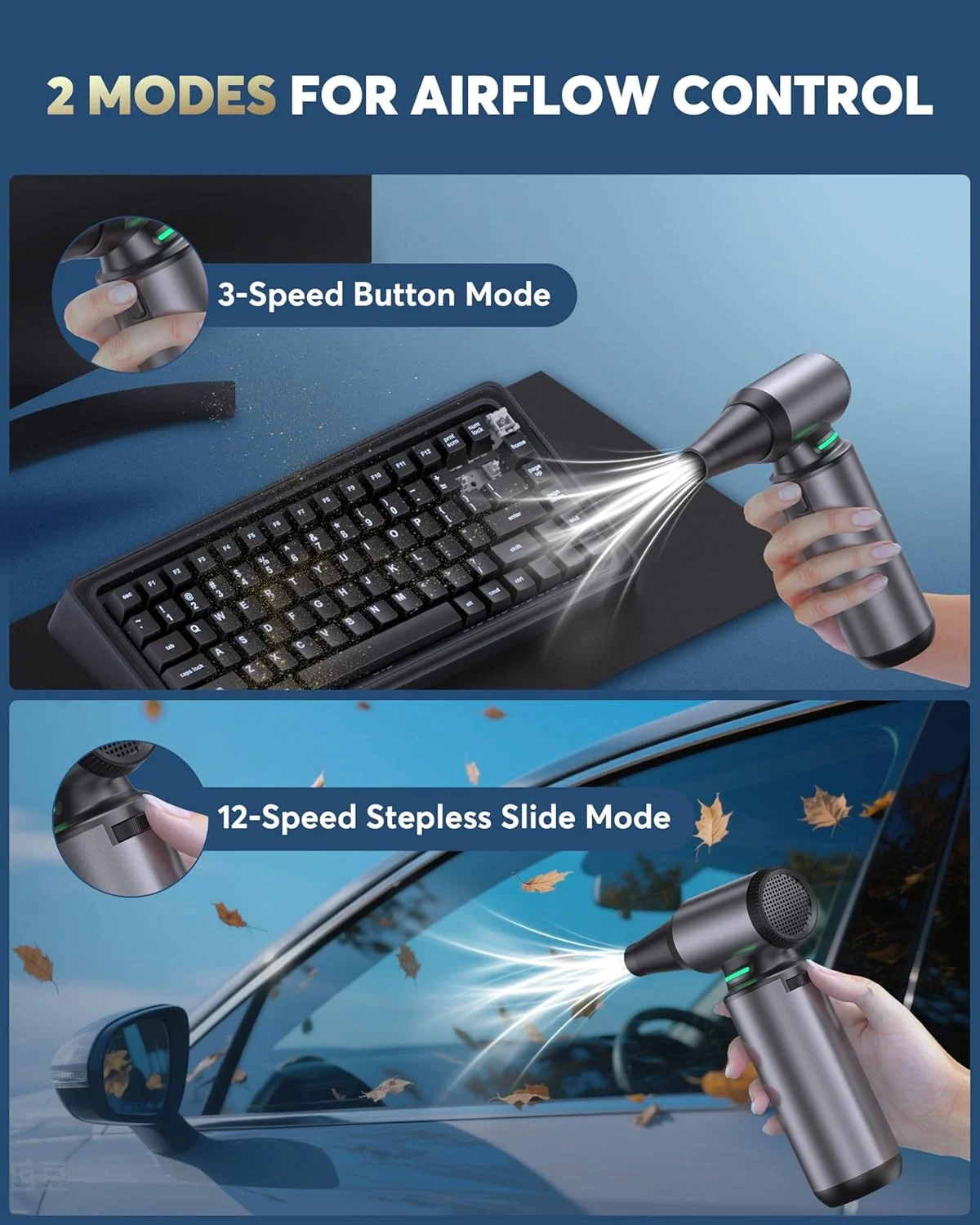 گردگیر هوای فشرده، گردگیر هوای برقی 180000 دور در دقیقه 7500 میلی آمپر ساعتی با موتور براشلس، مینی دمنده 12 سرعته، جایگزین هوای کنسرو شده، دمنده خشک جت برای کامپیوتر، کیبورد، ماشین، خانه، نظافت فضای باز