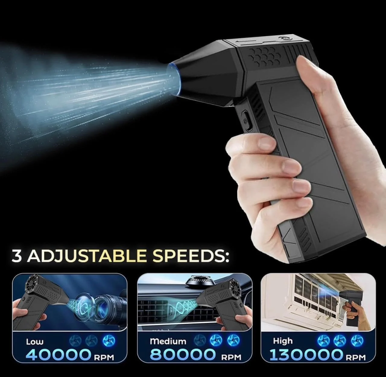 دمنده جت خشک، 130,000 دور در دقیقه با 3 سرعت قابل تنظیم، خشک کن هوای بی سیم قابل شارژ Type-C برای کامپیوتر، کیبورد، دفتر، خودرو و لنز دمنده جت خشک، 130,000 دور در دقیقه با 3 سرعت قابل تنظیم، خشک کن هوای بی سیم قابل شارژ Type-C برای کامپیوتر، کیبورد، دفتر، خودرو و لنز