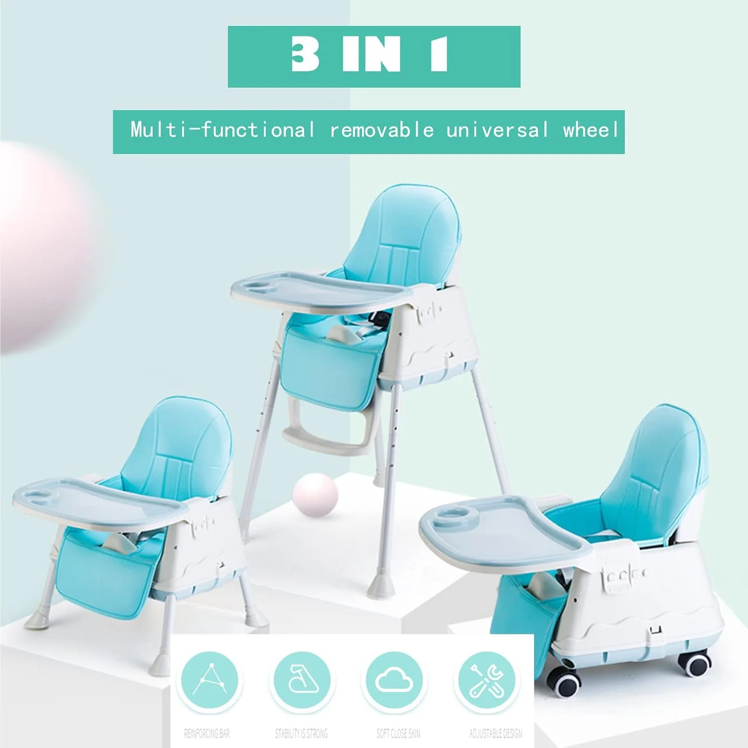 صندلی غذای کودک 3 در 1 تبدیل شونده IS MUHE، صندلی غذا با سینی دوتایی جداشدنی، پشتی قابل تنظیم چند منظوره قابل حمل، صندلی تغذیه کودک صندلی کودک نوپا