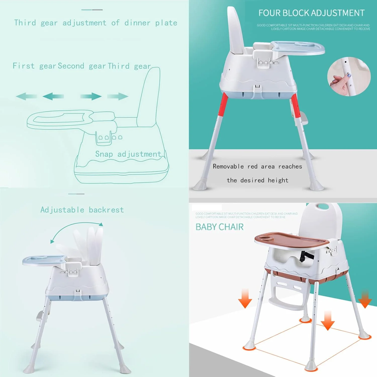 صندلی غذای کودک 3 در 1 تبدیل شونده IS MUHE، صندلی غذا با سینی دوتایی جداشدنی، پشتی قابل تنظیم چند منظوره قابل حمل، صندلی تغذیه کودک صندلی کودک نوپا