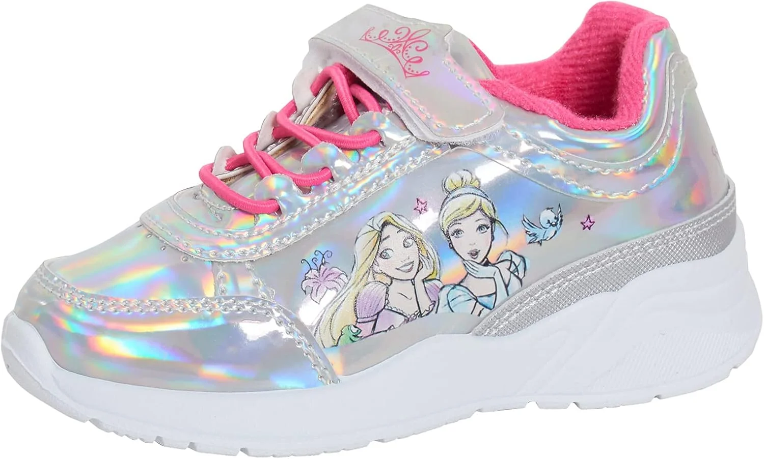 کفش ورزشی دخترانه پرنسس دیزنی، کفش های ورزشی نقره ای هولوگرافیک، کفش های دویدن بچه گانه آریل راپونزل بل سیندرلا، نقره ای صورتی، سایز 13 UK Child