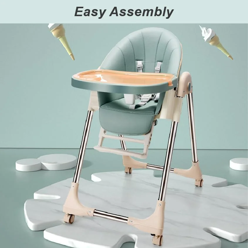 صندلی غذای کودک تاشو و چرخ دار Lovely Baby با سینی غذا و کمربند ایمنی، صندلی تغذیه سبک وزن برای کودکان نوپا