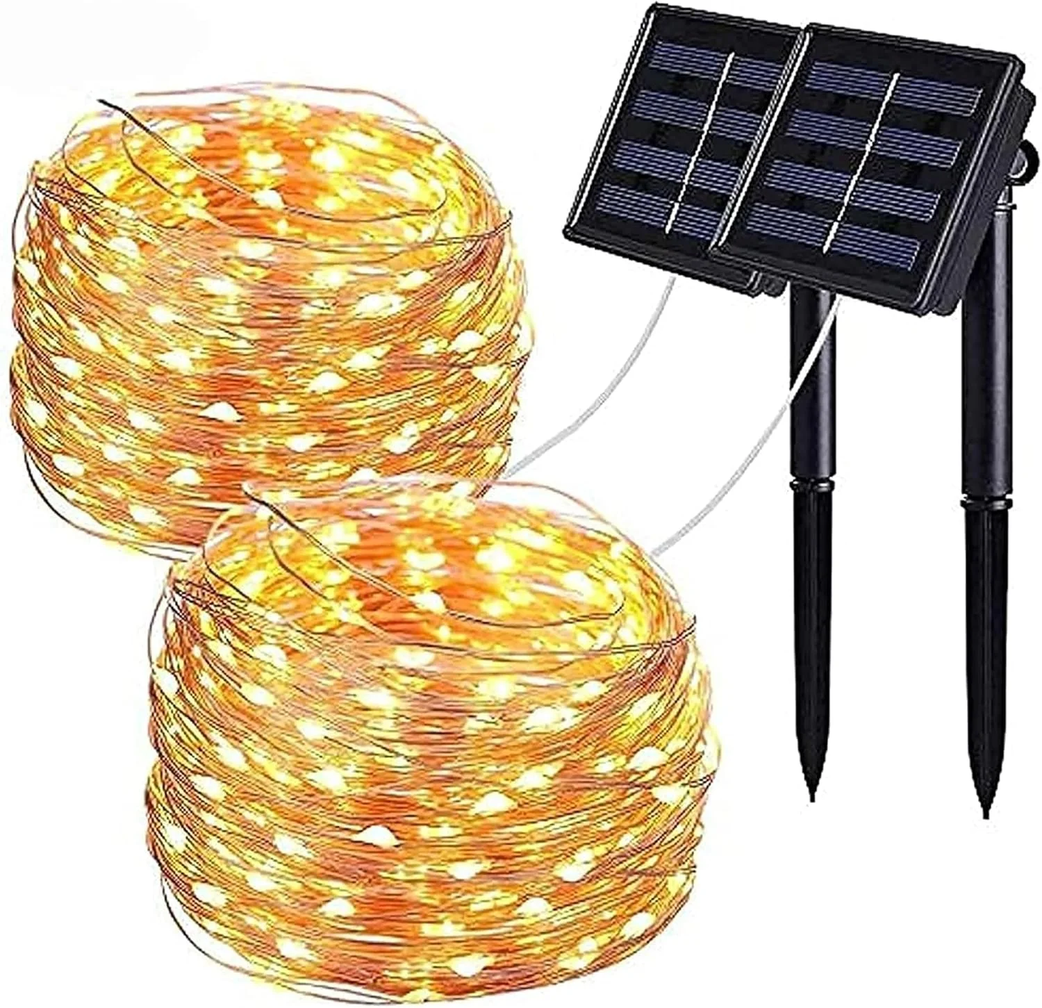 سولفر بسته 2 عددی چراغ های تزئینی خورشیدی سیم مسی | 10 متر 100 ال ای دی ضد آب با 8 حالت نورپردازی برای خانه، باغ، پاسیو، عروسی، مهمانی (سفید گرم)