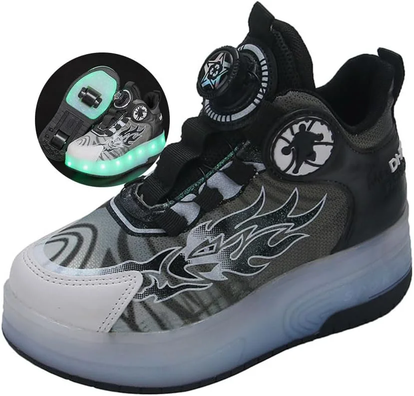 کفش های اسکیت غلتکی بچه گانه ZYANLING، کفش های کتانی برای پسران و دختران، اسکیت های فنی جمع شونده خودکار برای کفش های کتانی براق مشکی آبی، هدیه جدید برای دختران و پسران