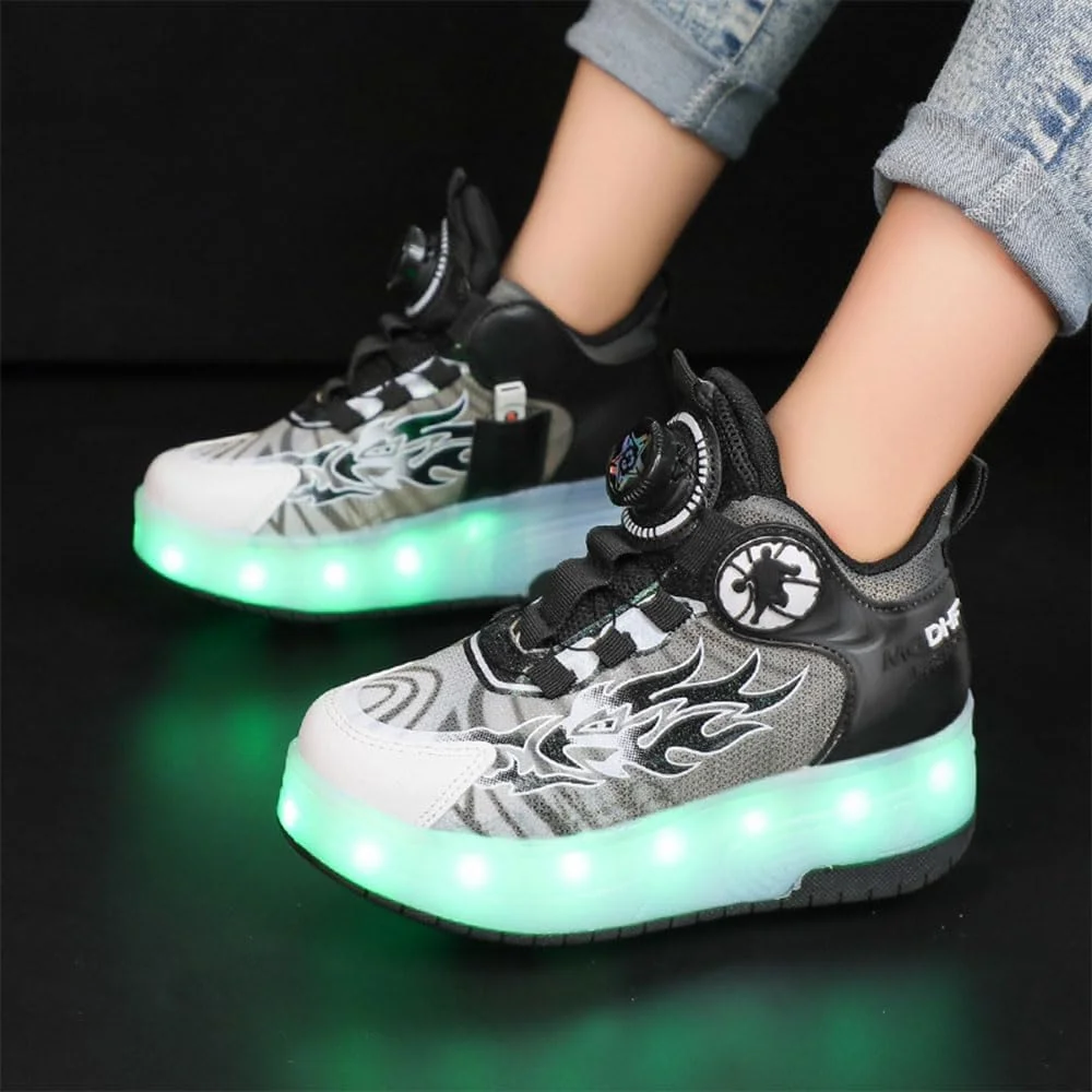 کفش های اسکیت غلتکی بچه گانه ZYANLING، کفش های کتانی برای پسران و دختران، اسکیت های فنی جمع شونده خودکار برای کفش های کتانی براق مشکی آبی، هدیه جدید برای دختران و پسران