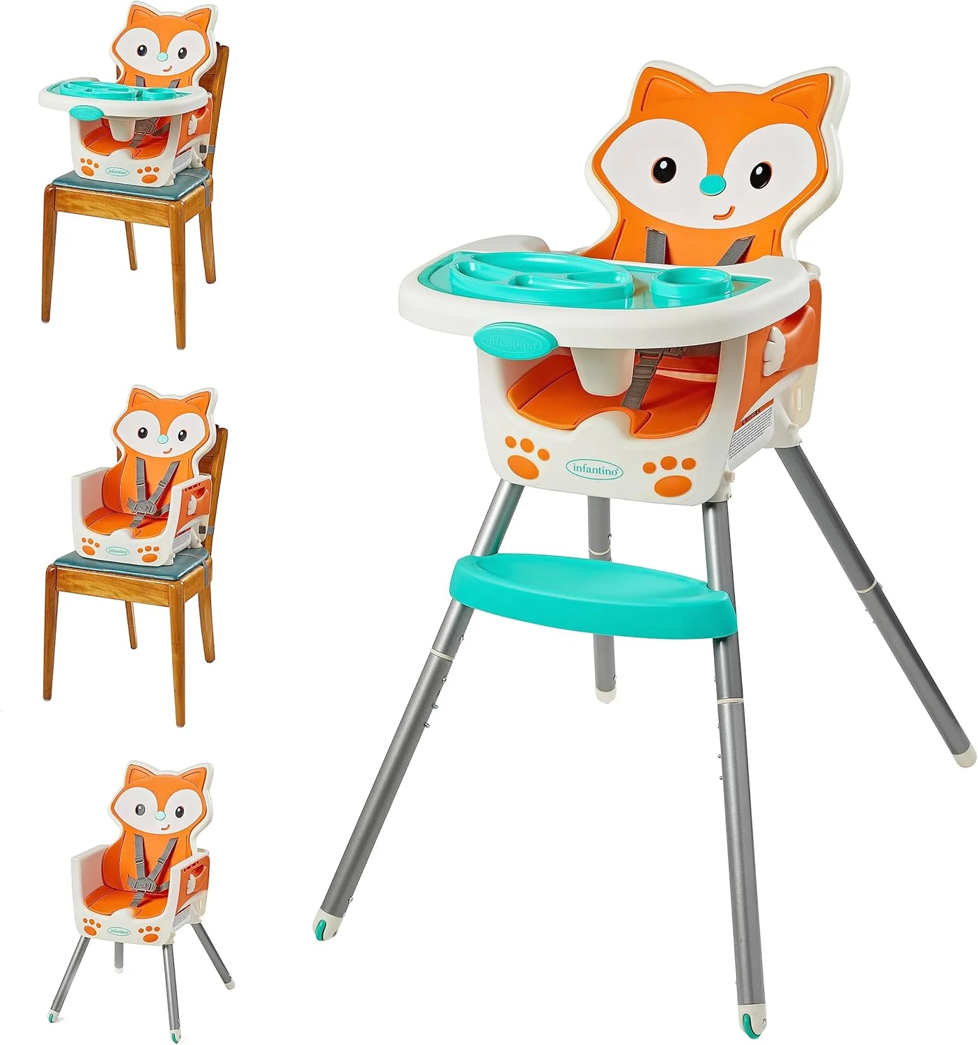 صندلی غذای کودک 4 در 1 Infantino-Grow-With-Me با قابلیت تنظیم ارتفاع/تبدیل شوندگی با کوسن نرم و چرخ های جلویی چرخشی |صرفه جویی در فضا|صندلی تقویت کننده|صندلی کودک نوپا - نارنجی