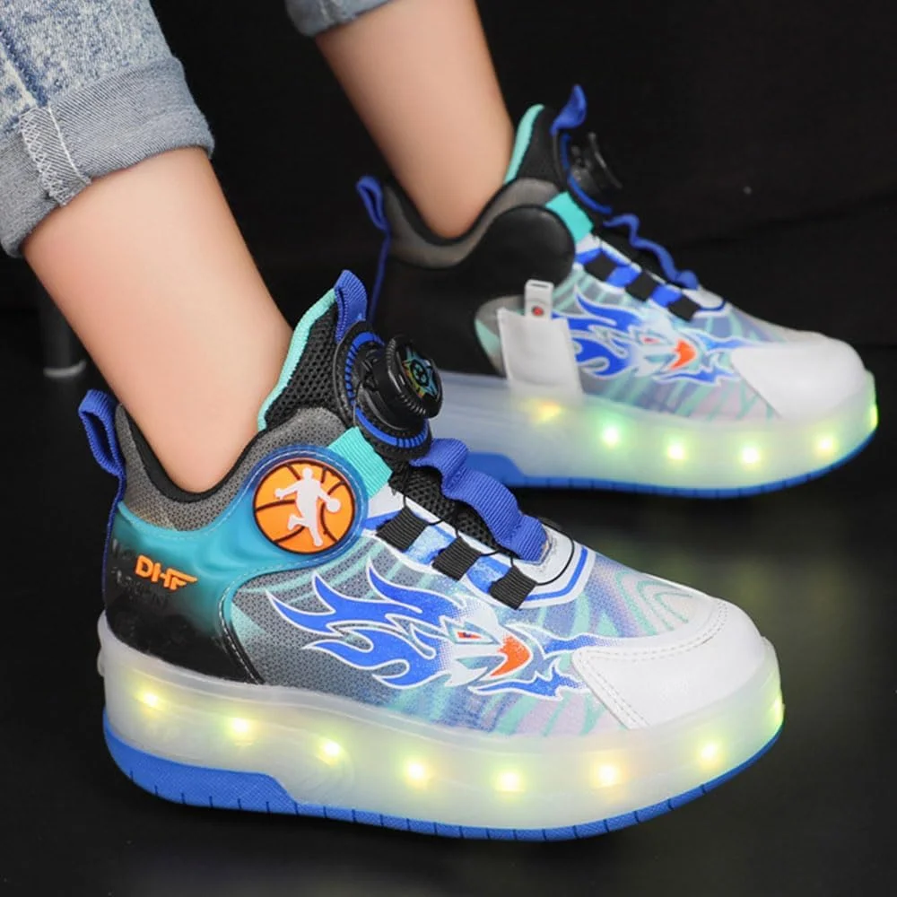 کفش های اسکیت غلتکی بچه گانه ZYANLING، کفش های کتانی برای پسران و دختران، اسکیت های فنی جمع شونده خودکار برای کفش های کتانی براق مشکی آبی هدیه جدید پسرانه دخترانه