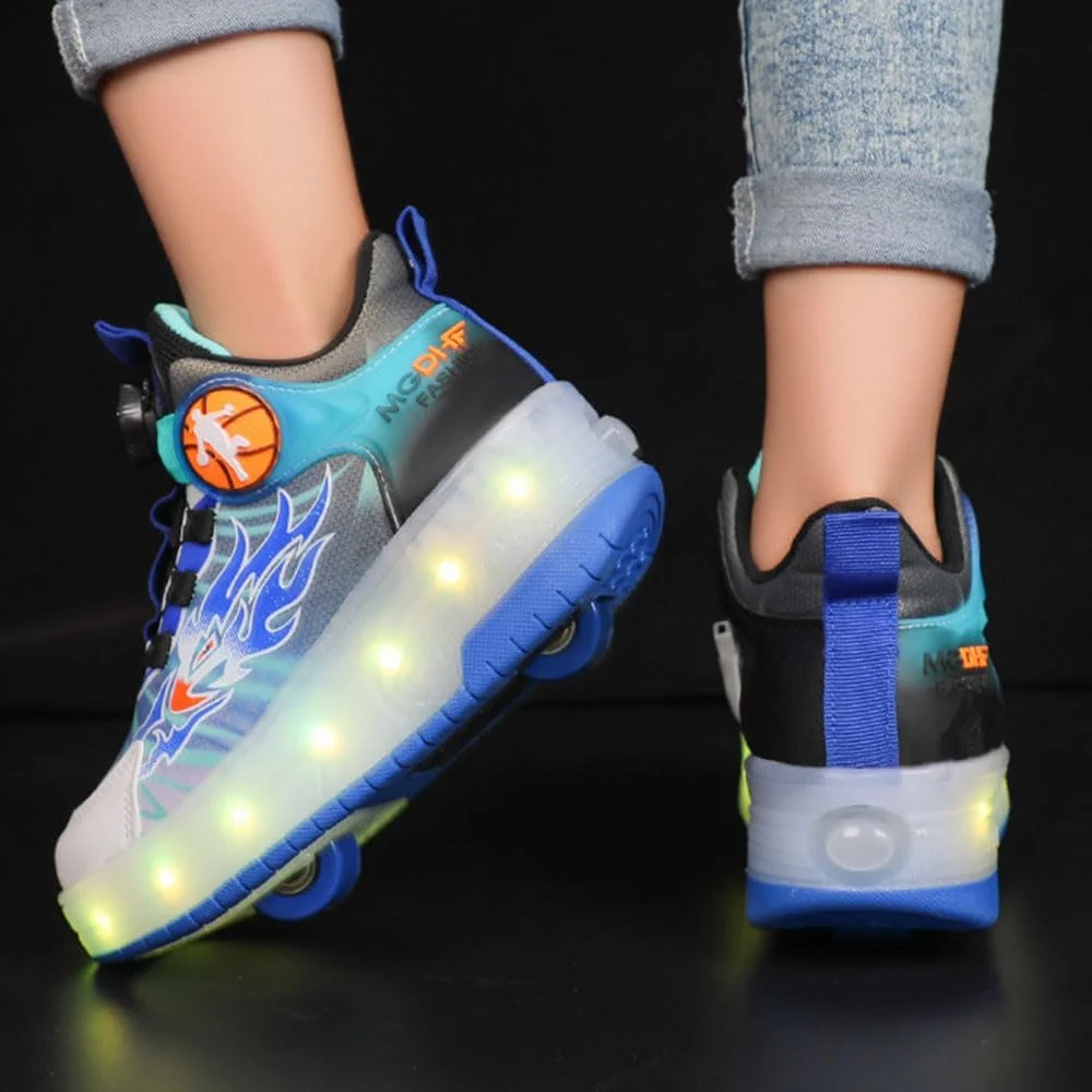 کفش های اسکیت غلتکی بچه گانه ZYANLING، کفش های کتانی برای پسران و دختران، اسکیت های فنی جمع شونده خودکار برای کفش های کتانی براق مشکی آبی هدیه جدید پسرانه دخترانه