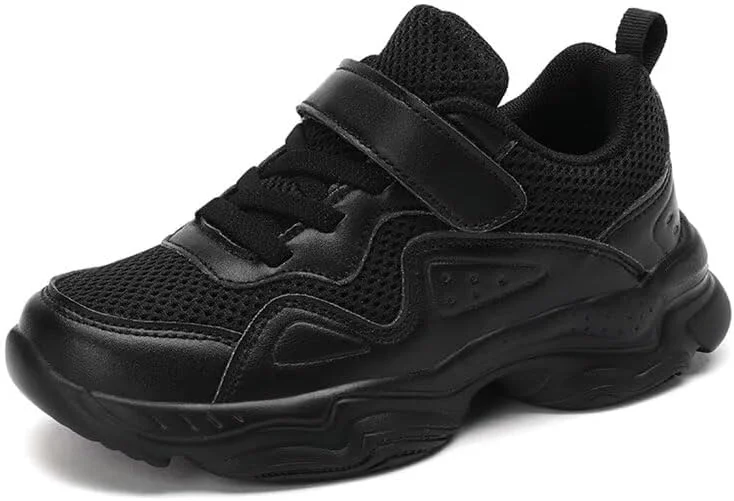کفش‌های کتانی چرمی PU اسپرت و غیررسمی Zonkacen مناسب پیاده‌روی، دویدن و مدرسه برای پسران و دختران، مشکی، سایز 5 بچه بزرگ