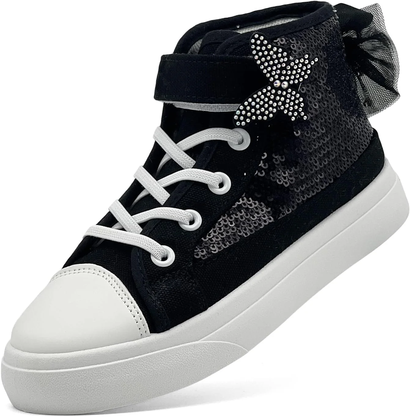 کفش کتانی بچگانه Xinlanlin برای دختران و پسران، ساق بلند، طرح بوم، فانتزی پولکی و پاپیونی، مناسب دویدن، پیاده روی و استفاده روزمره