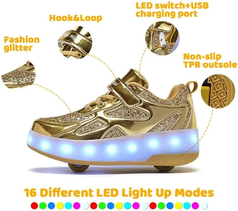 کفش های اسکیت غلتکی LED Wooowyet برای کودکان پسران دختران، کفش های کتانی مد روز روشن با چرخ، کفش های چرخ دار قابل شارژ USB با چسب ولکرو